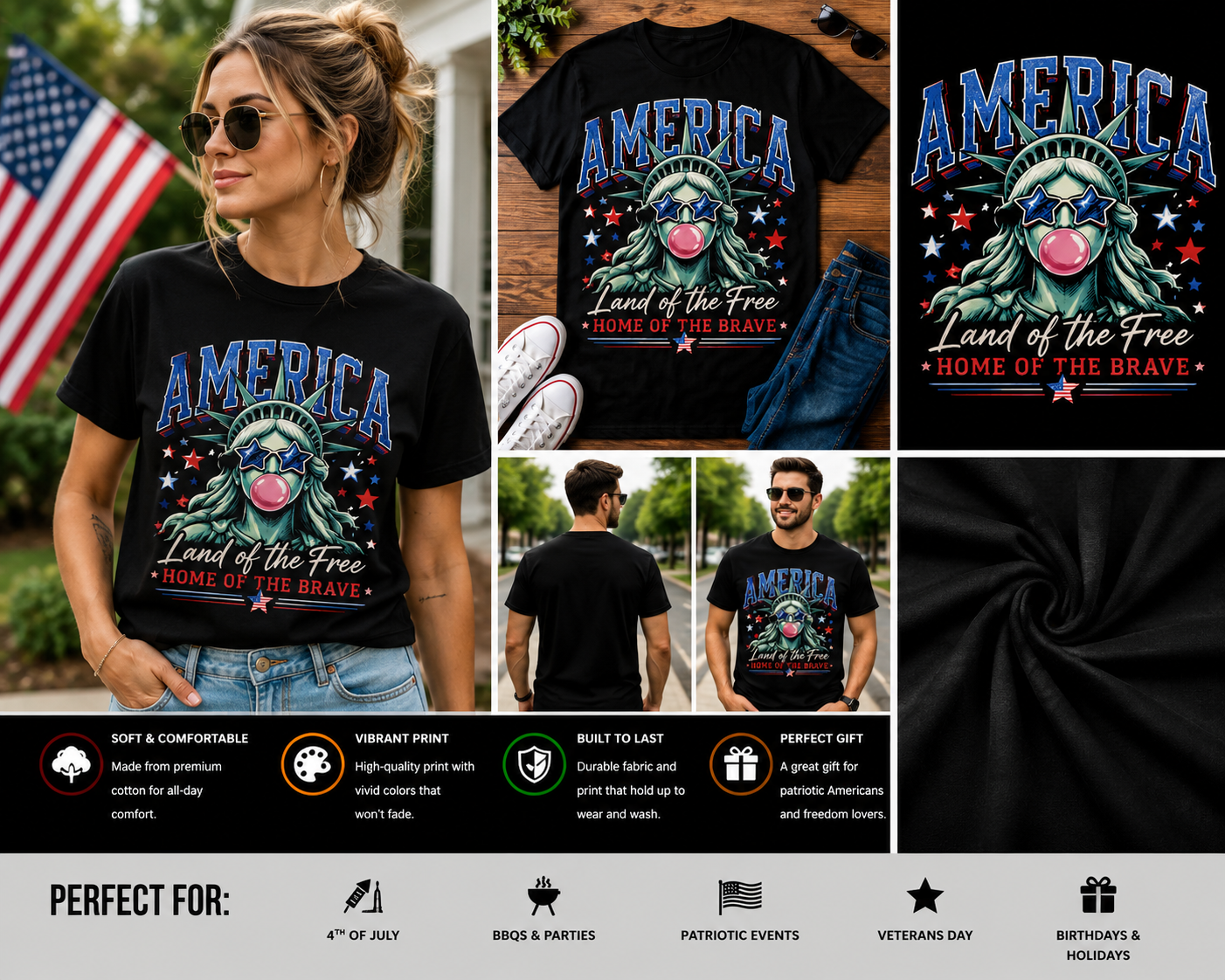 America Land of the Free Home of the Brave Statue of Liberty Patriotic T-Shirt