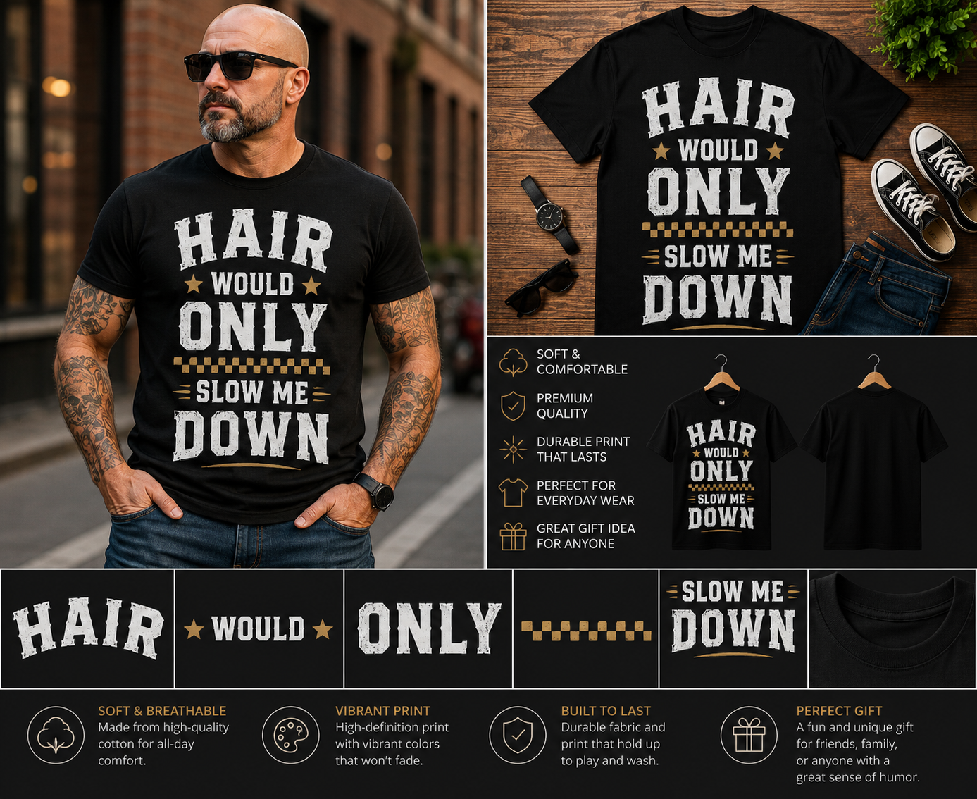 Hair Would Only Slow Me Down Funny Bald Guy T-Shirt | Retro Bald Humor Graphic Tee