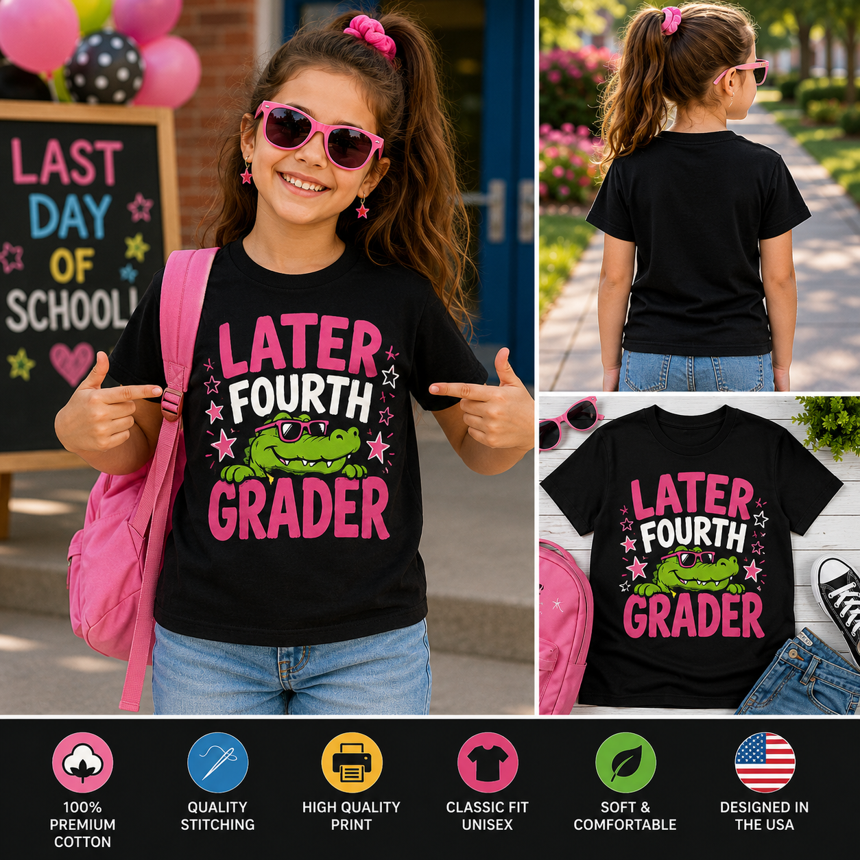 Later Fourth Grader Funny Alligator Last Day of School Girls T-Shirt