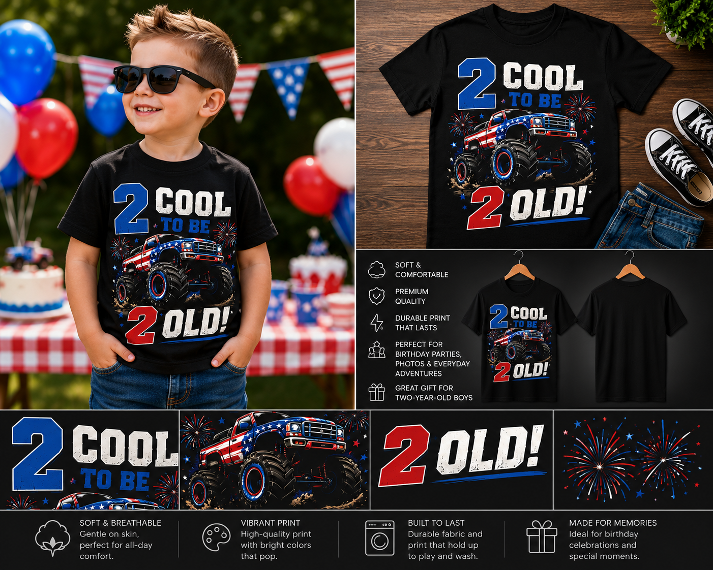 2 Cool to Be 2 Old Monster Truck Birthday Shirt – 2nd Birthday Boy 4th of July T-Shirt | Patriotic Monster Truck Toddler Tee