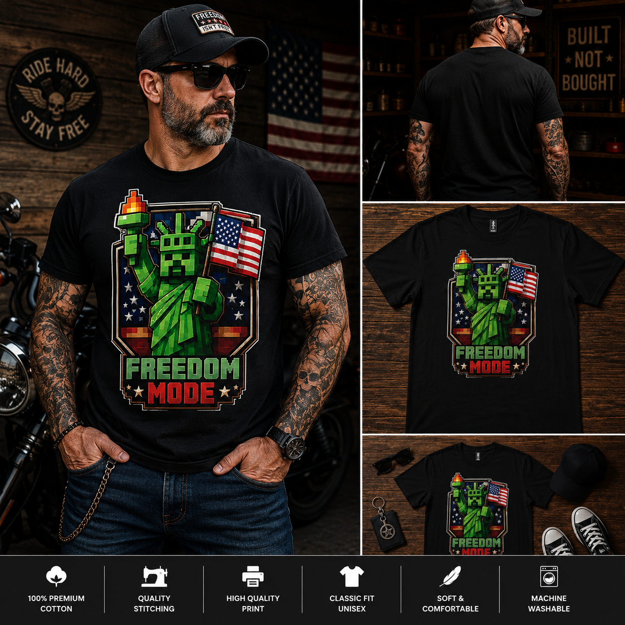 Freedom Mode Pixel Statue of Liberty T-Shirt – Patriotic Retro Gamer USA Graphic Tee