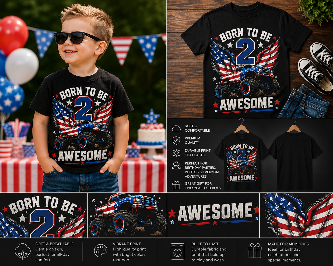 Born to Be 2 Awesome Monster Truck Birthday Shirt – 2nd Birthday Boy 4th of July T-Shirt | Patriotic Monster Truck Toddler Birthday Tee