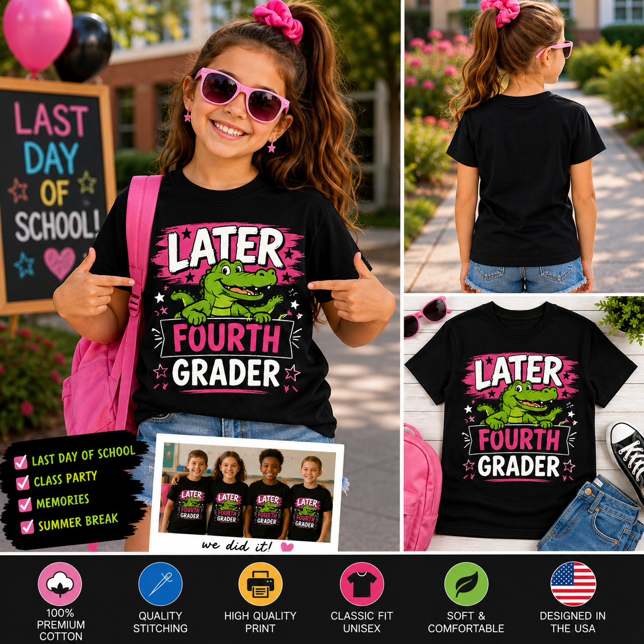 Later Fourth Grader Funny Alligator Last Day of School Girls Graduation T-Shirt