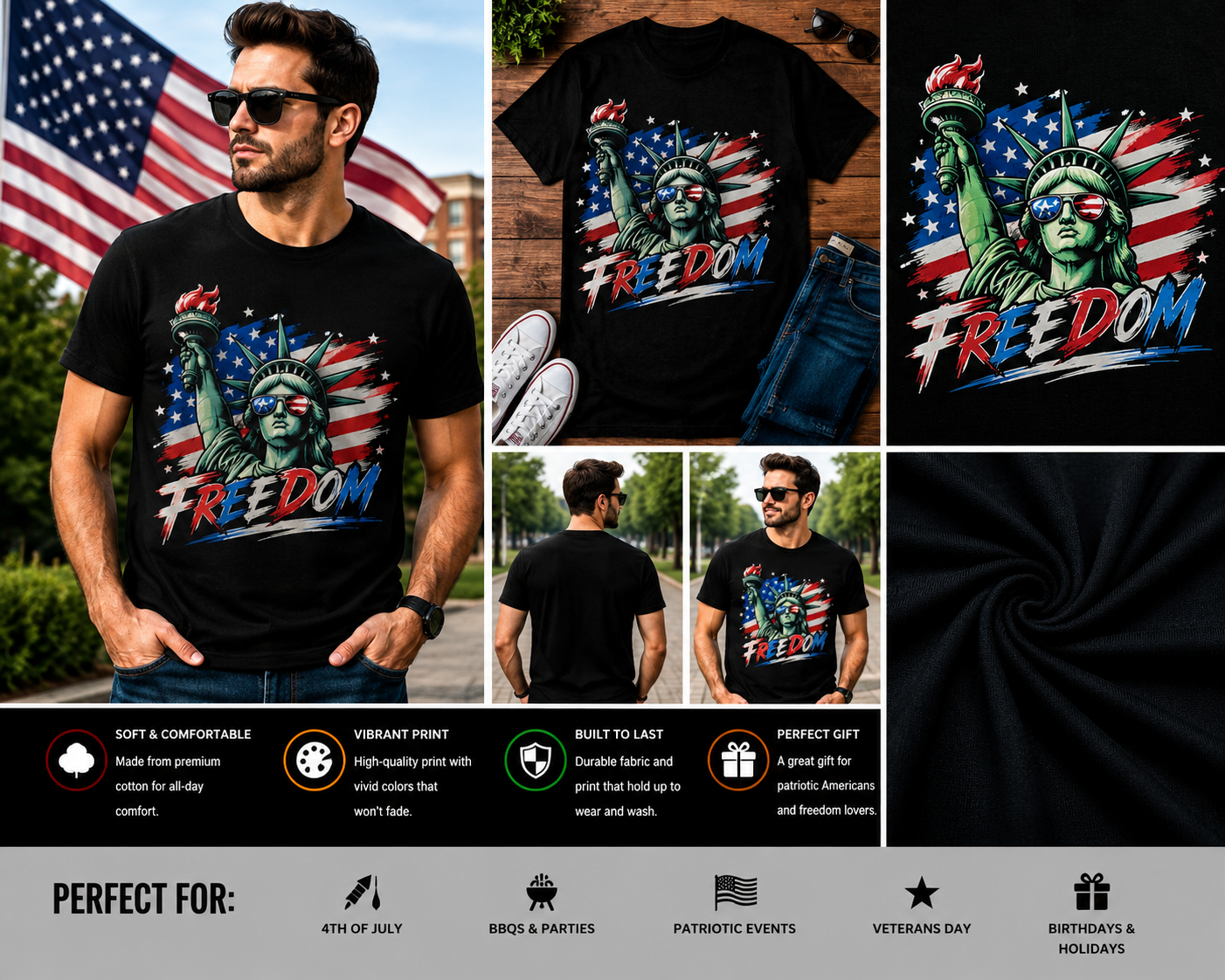 Freedom Statue of Liberty Patriotic USA Flag 4th of July Graphic T-Shirt