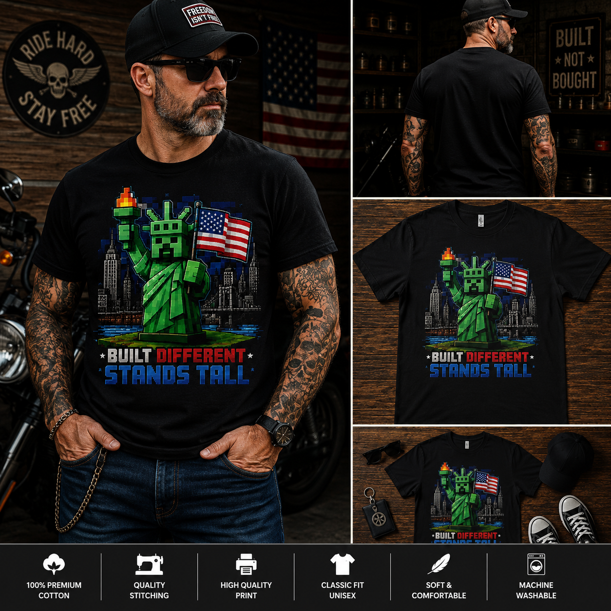 Built Different Stand Tall Pixel Statue of Liberty T-Shirt – Patriotic Retro Gamer USA Tee