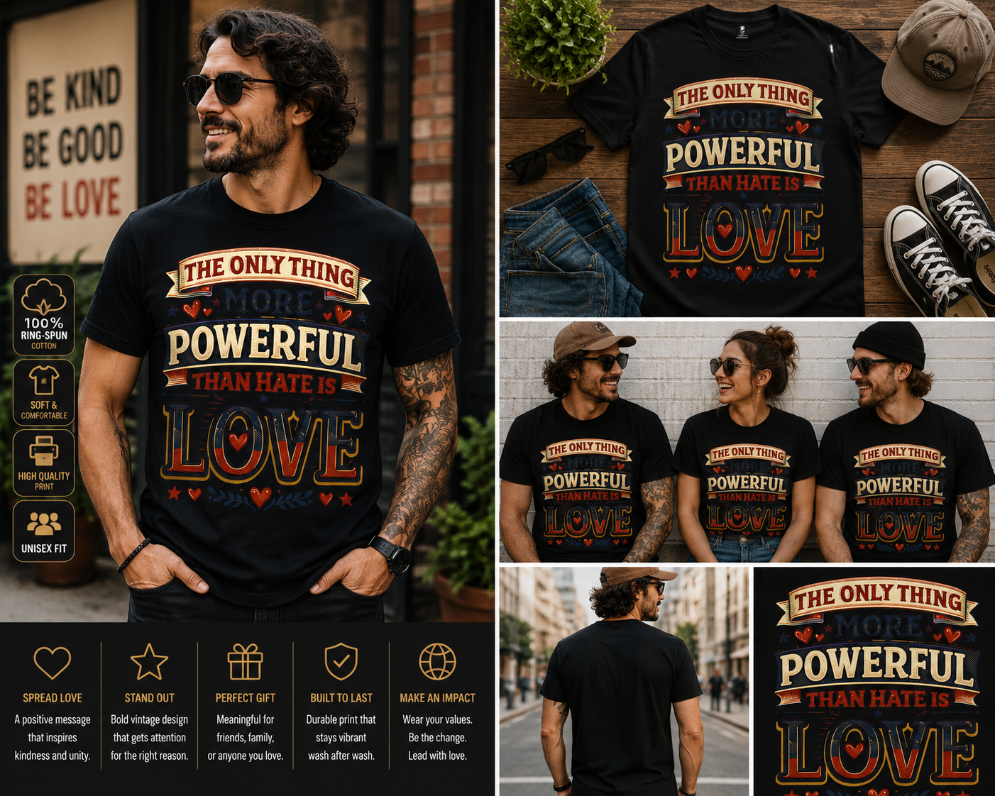The Only Thing More Powerful Than Hate Is Love T-Shirt – Inspirational Retro Graphic Tee