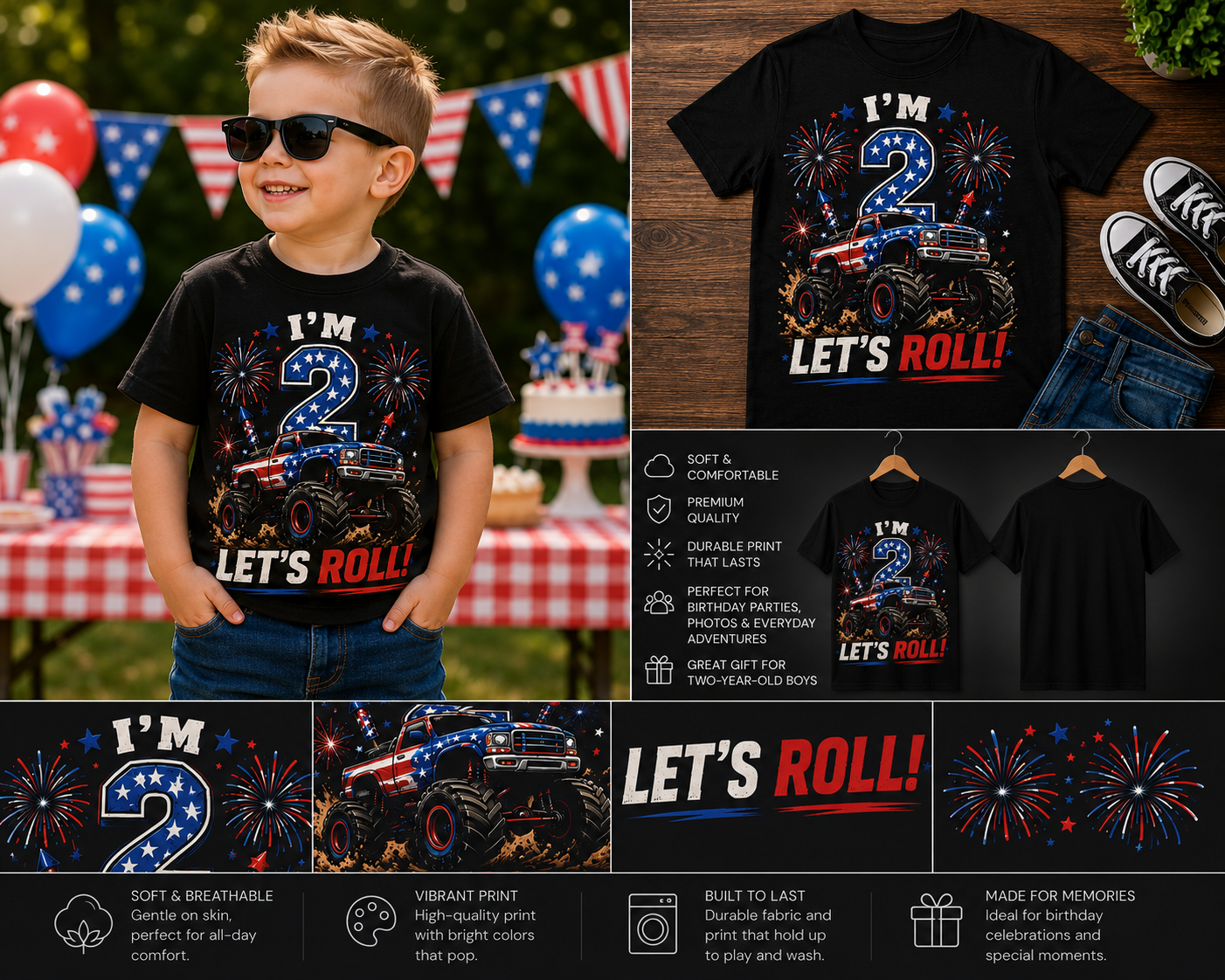 I'm 2 Let's Roll Monster Truck Birthday Shirt – 2nd Birthday Boy 4th of July T-Shirt | Patriotic Monster Truck Toddler Birthday Tee