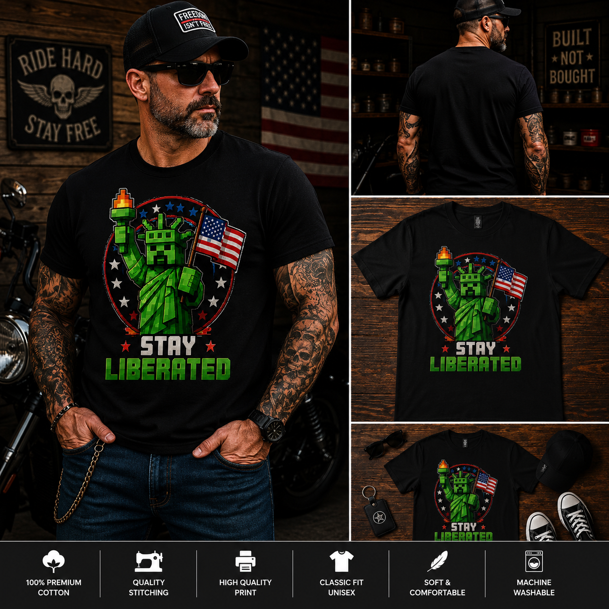 Stay Liberated Pixel Statue of Liberty T-Shirt – Patriotic Retro Gamer USA Graphic Tee