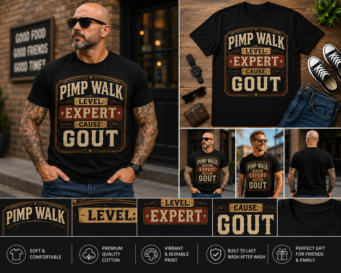 Pimp Walk Level Expert Cause Gout Funny Gout T-Shirt | Vintage Retro Humor Tee