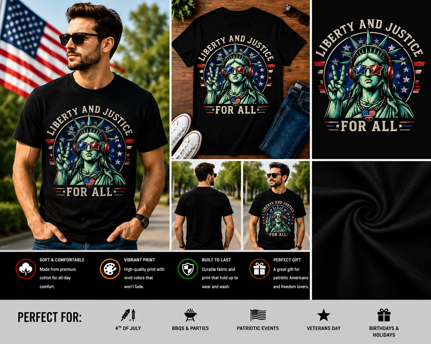 Liberty and Justice for All Statue of Liberty Patriotic USA Graphic T-Shirt