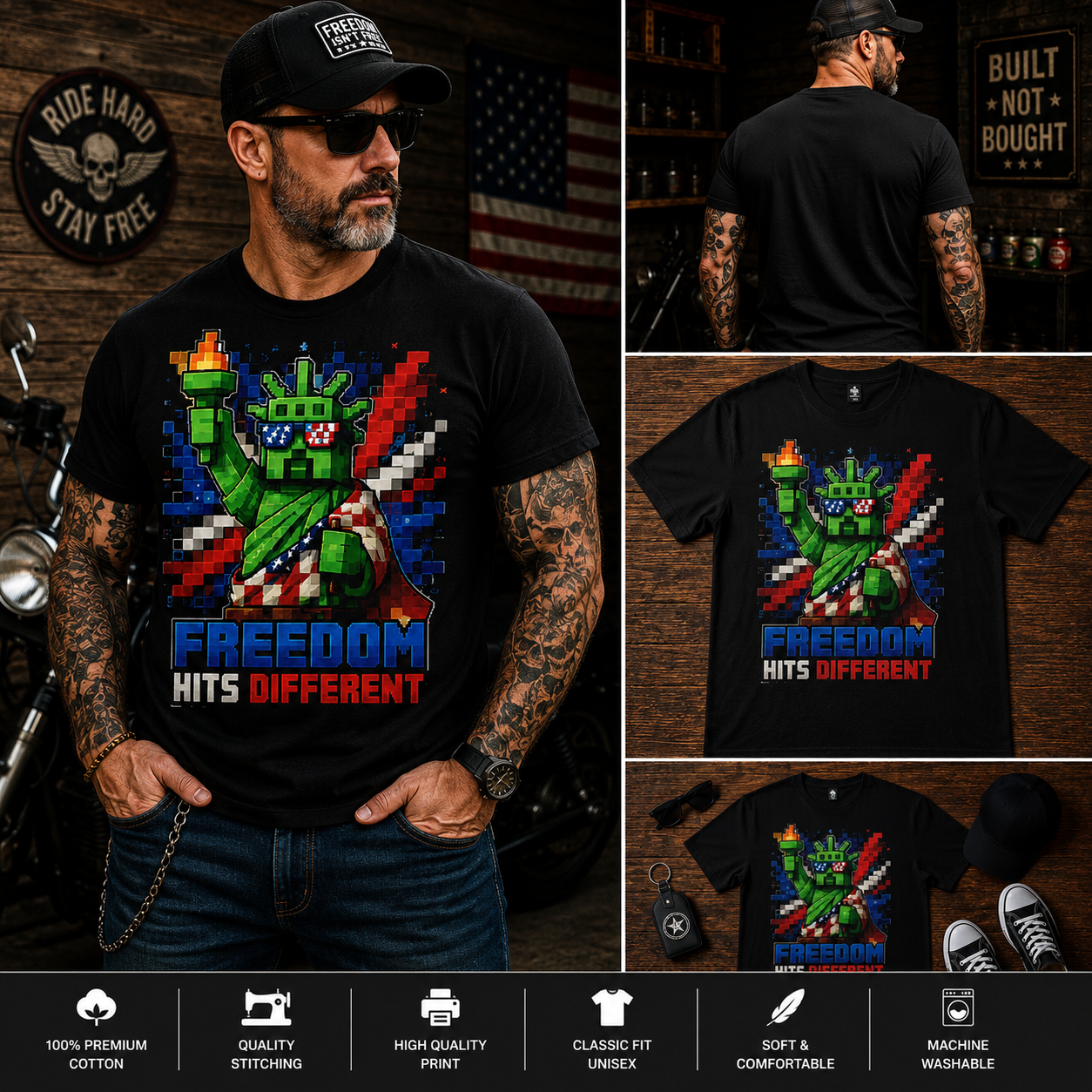 Freedom Hits Different Pixel Statue of Liberty T-Shirt – Patriotic Retro Gamer USA Graphic Tee