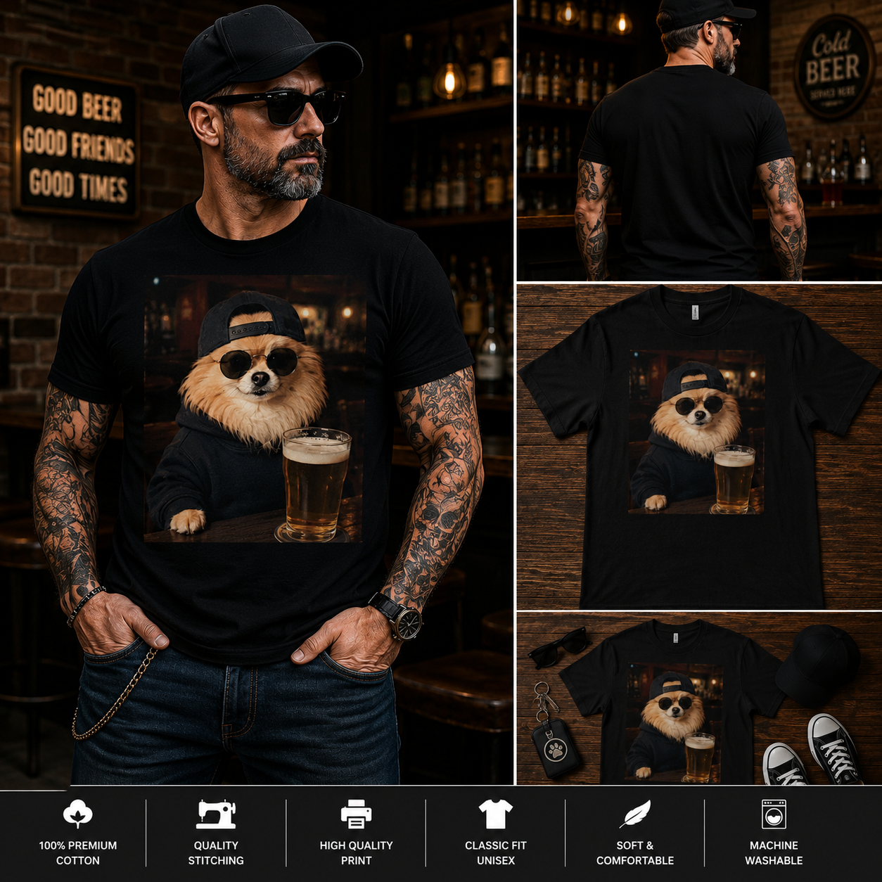 Funny Pomeranian Beer T-Shirt – Cool Dog Drinking Beer Graphic Tee
