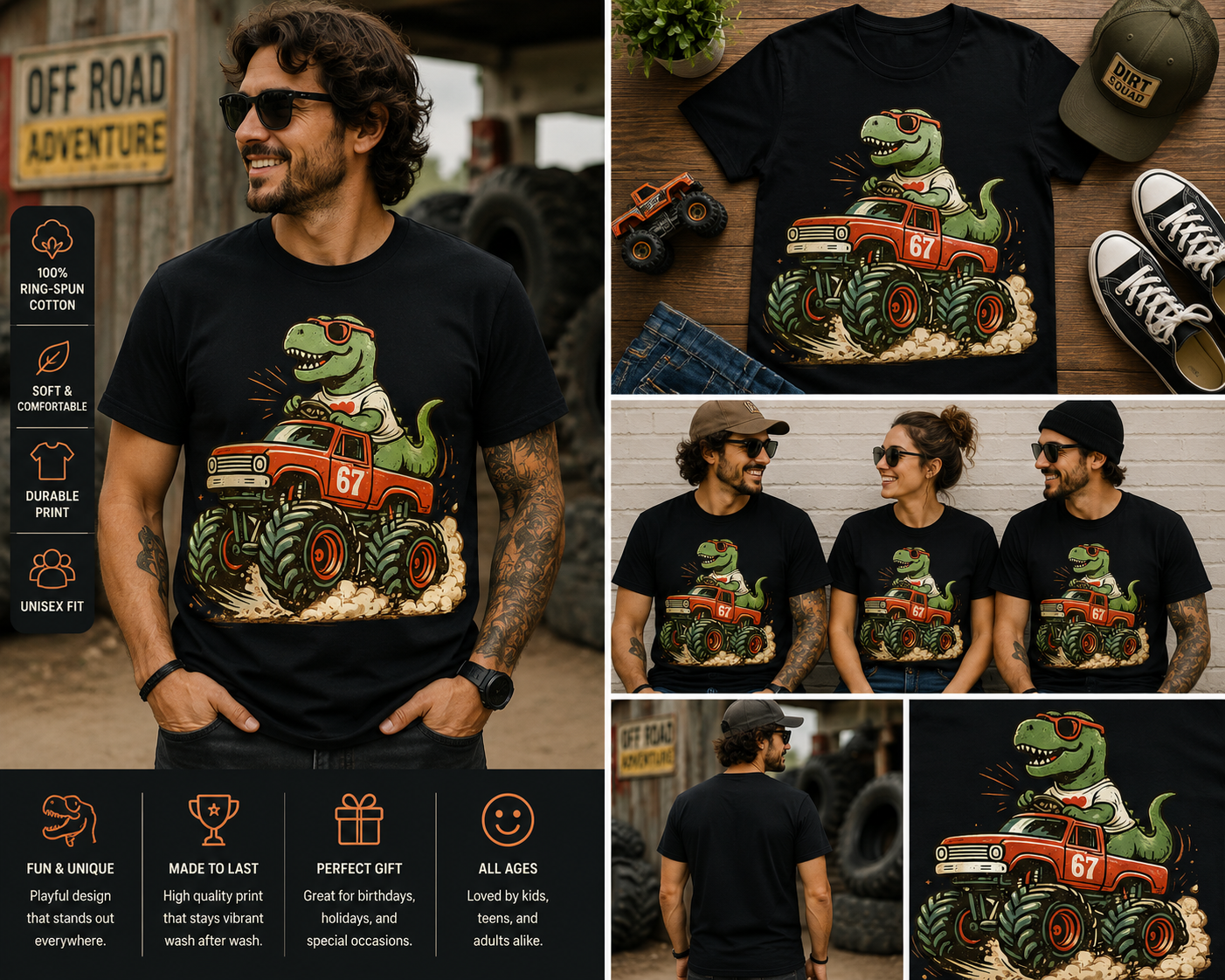 Funny T-Rex Monster Truck T-Shirt – Retro Dinosaur Truck Graphic Tee for Kids & Adults