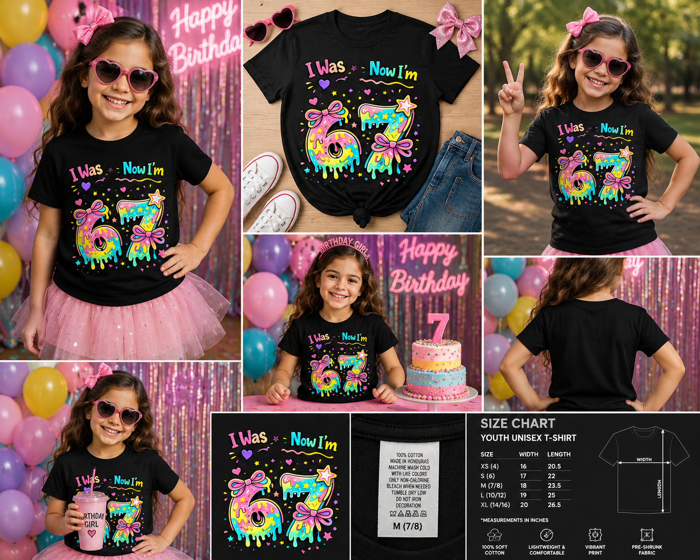 I Was 6 Now I’m 7 Birthday Girl T-Shirt, Cute Colorful 7th Birthday Party Tee for Girls