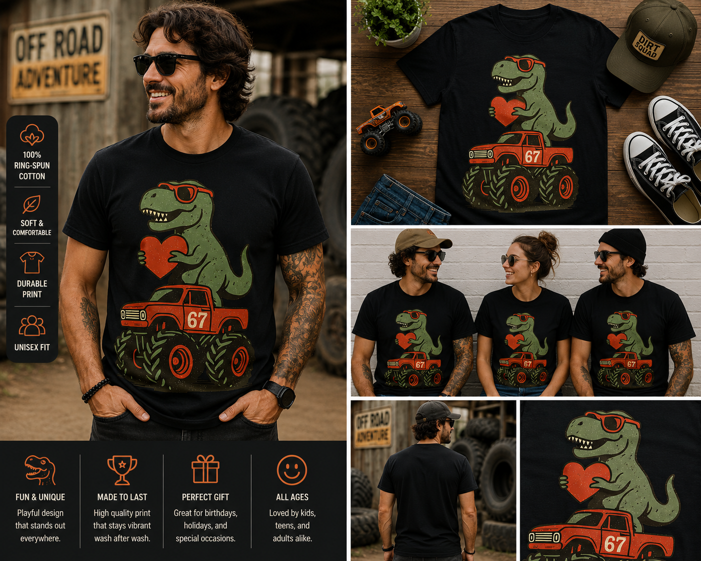 Funny T-Rex Monster Truck Valentine T-Shirt – Cute Dinosaur Heart Graphic Tee
