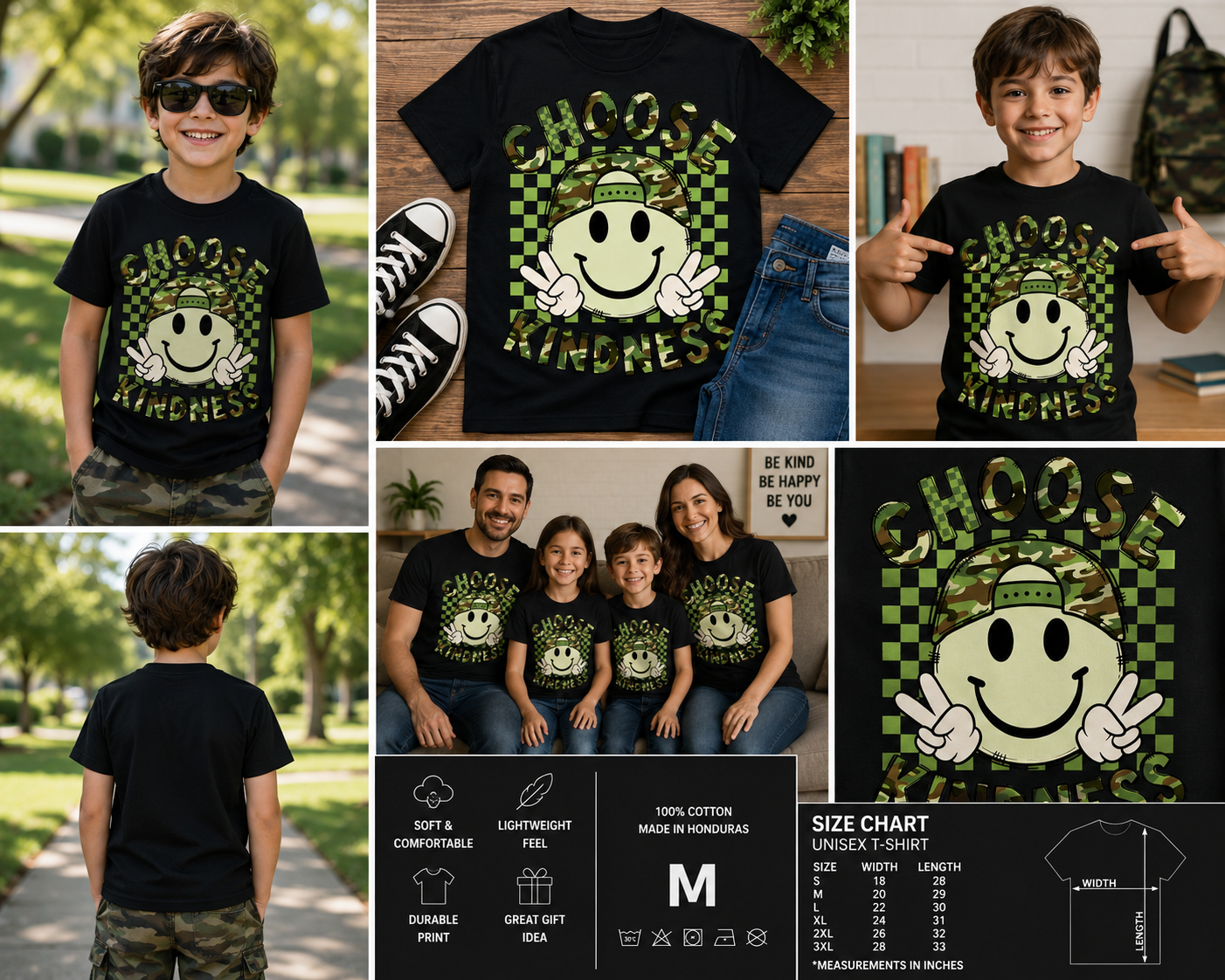 Choose Kindness Camo Smile Face Kids T-Shirt – Positive Be Kind Graphic Tee