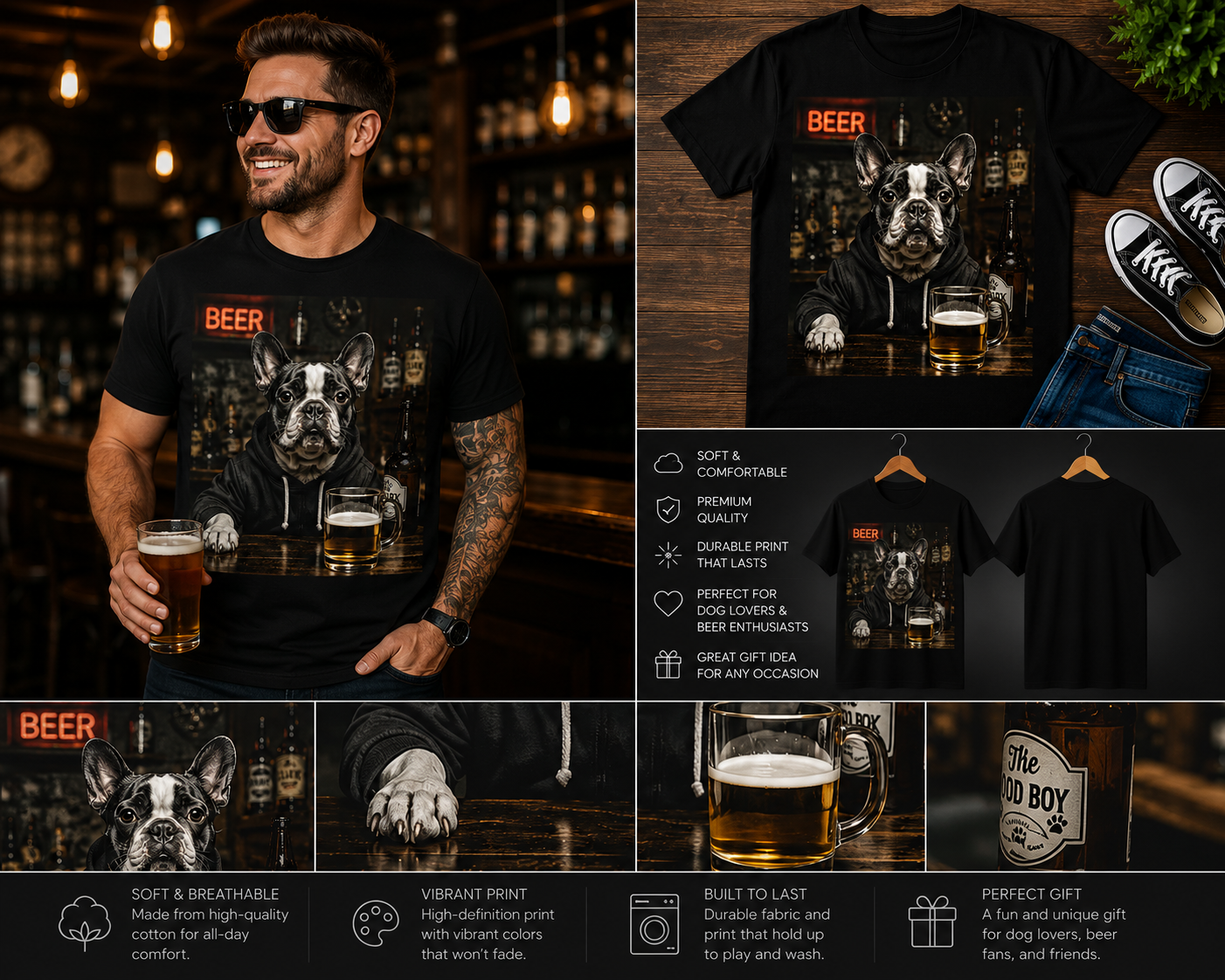 Funny French Bulldog Beer Lover T-Shirt – Frenchie Drinking Beer Graphic Tee | Humorous Dog Lover Gift Shirt