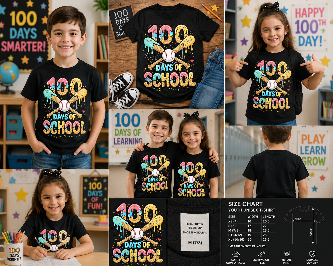 100 Days of School Baseball Ice Cream Kids T-Shirt – Fun 100th Day School Celebration Tee for Boys & Girls