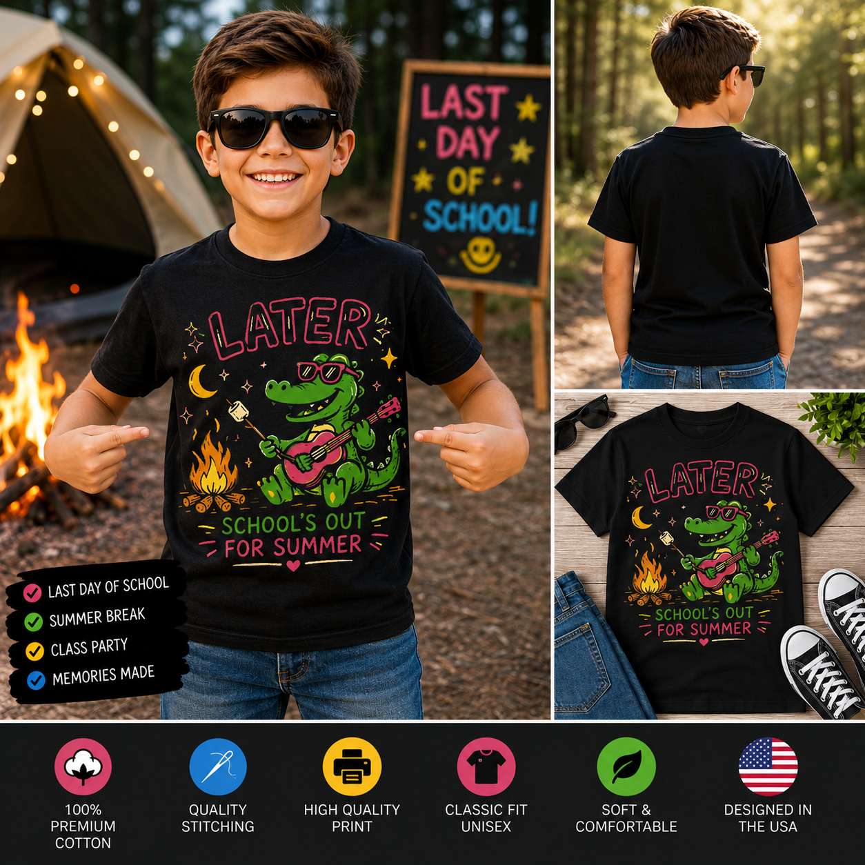 Later Gator School’s Out for Summer Campfire Shirt – Funny Last Day of School Alligator Kids T-Shirt