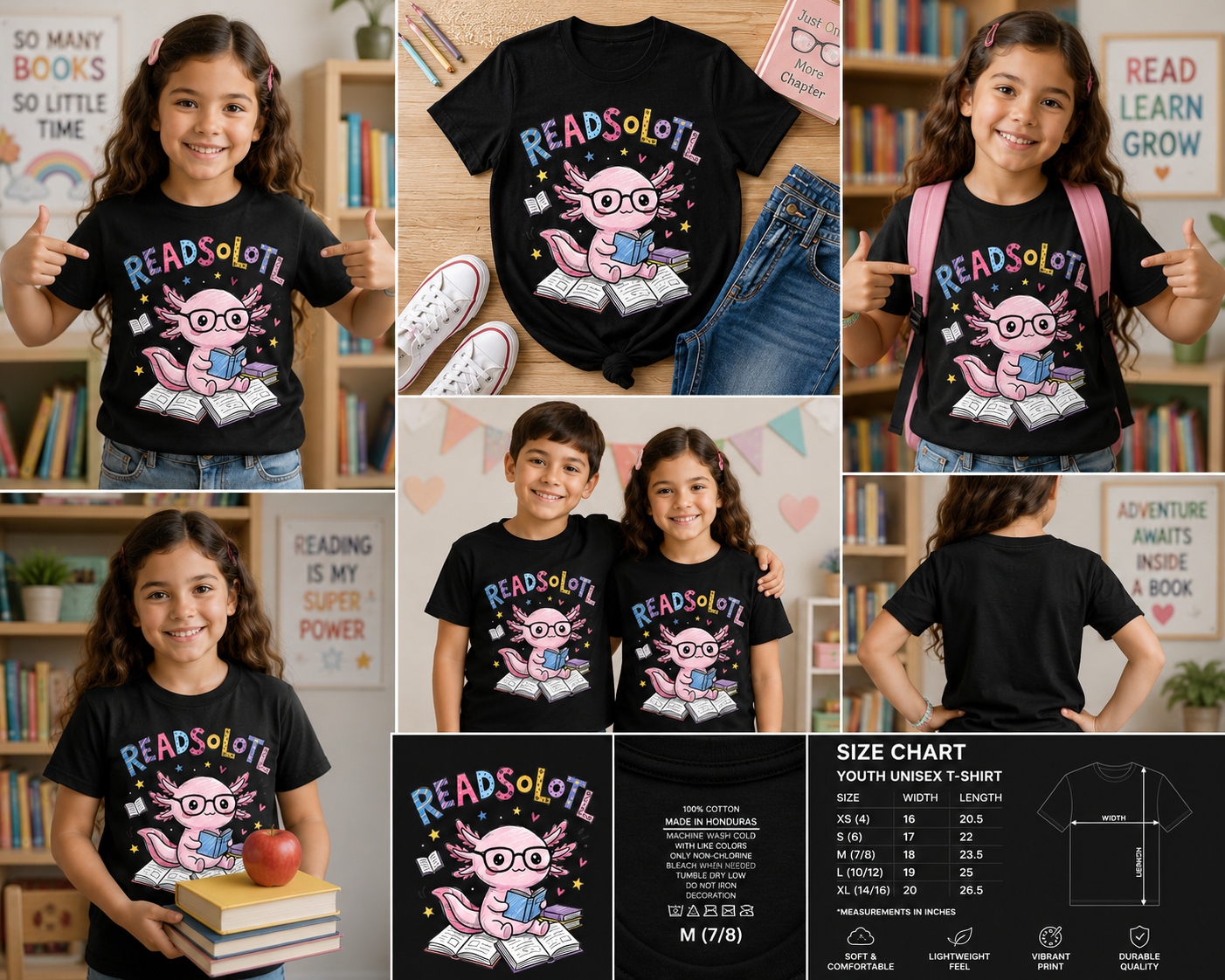 Cute Readsalotl Reading Axolotl T-Shirt for Kids & Book Lovers