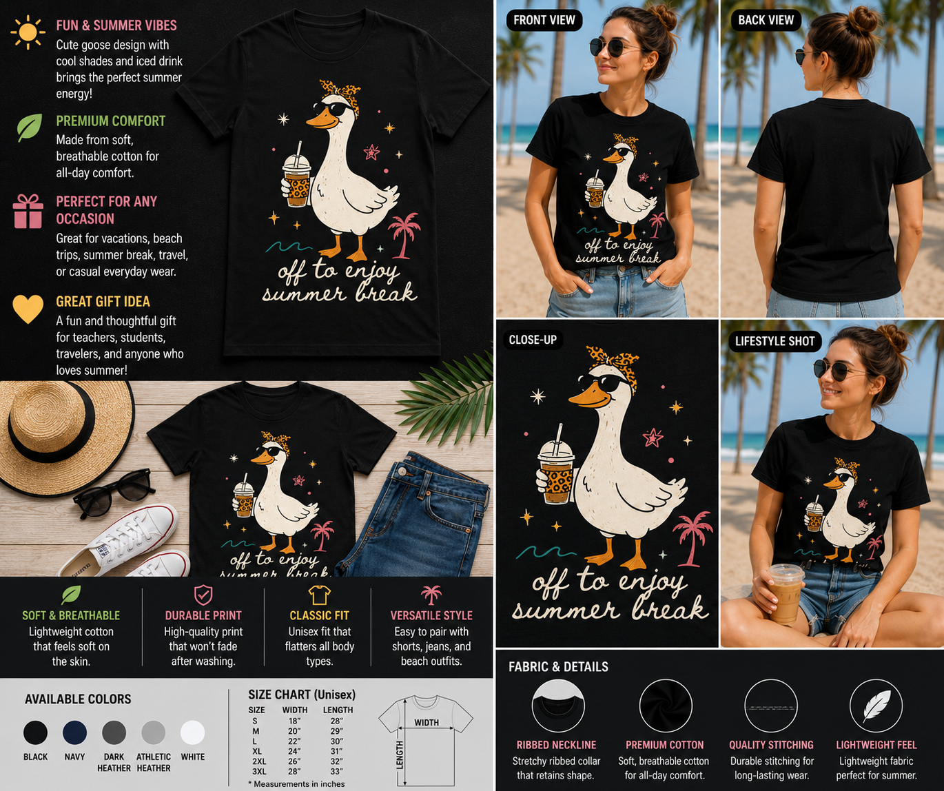 Off To Enjoy Summer Break Cute Goose Vacation Graphic T-Shirt