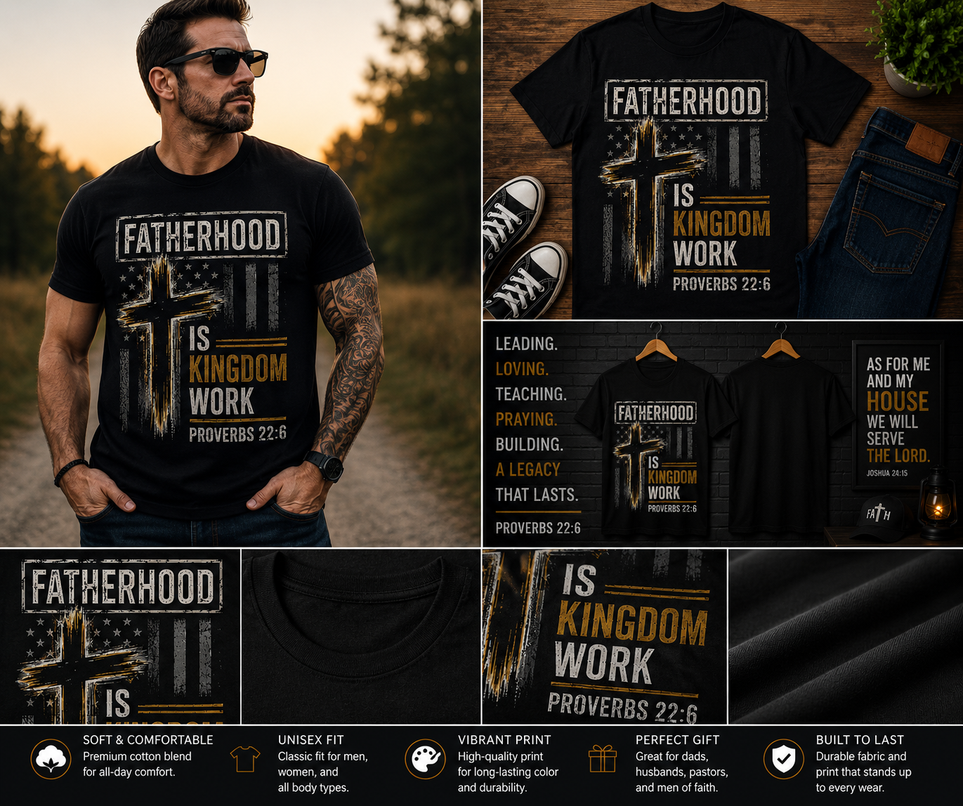 Fatherhood Is Kingdom Work Christian Dad T-Shirt | Proverbs 22:6 Patriotic Cross Faith-Based Father’s Day Gift