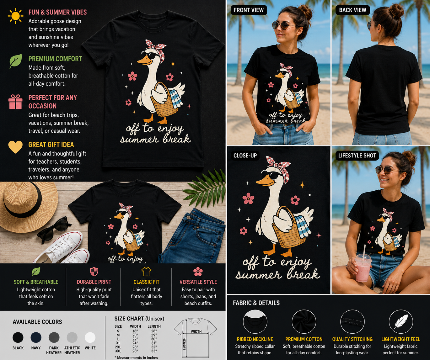 Off To Enjoy Summer Break Cute Goose Vacation Graphic T-Shirt