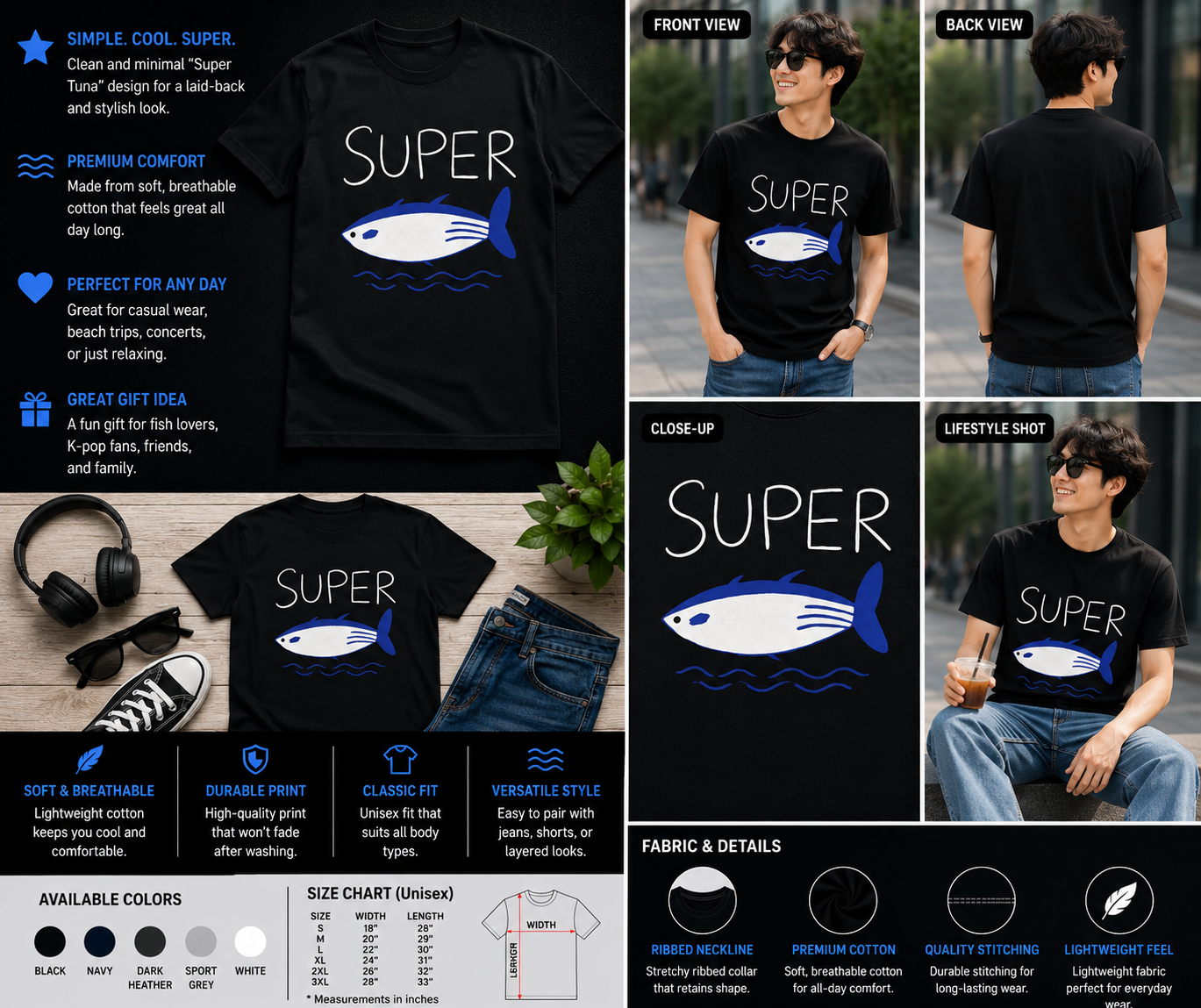 Super Tuna Minimal Fish Graphic T-Shirt – Cute Ocean Inspired Tee