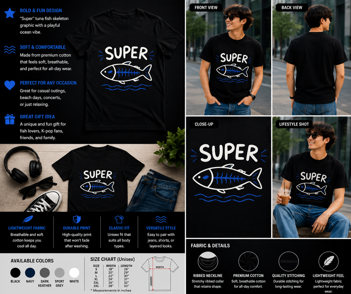 Super Tuna Fish Skeleton Graphic T-Shirt – Funny Minimal Ocean Tee
