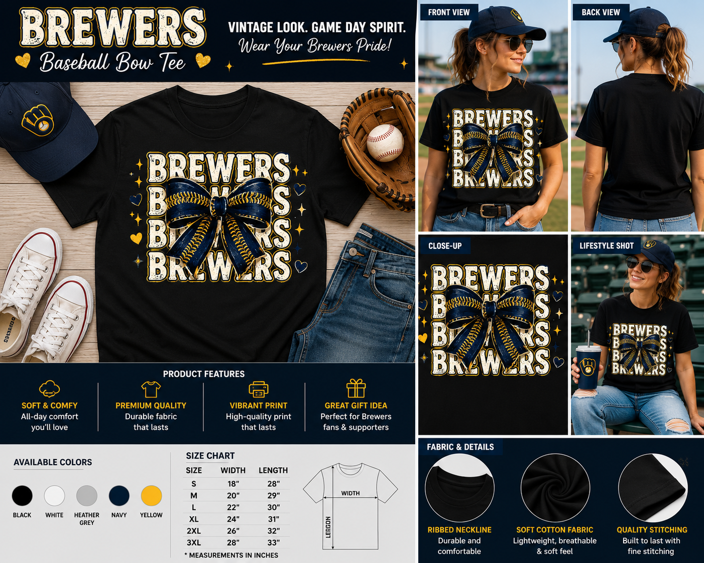 Vintage Brewers Baseball Bow Graphic T-Shirt for Women & Baseball Fans