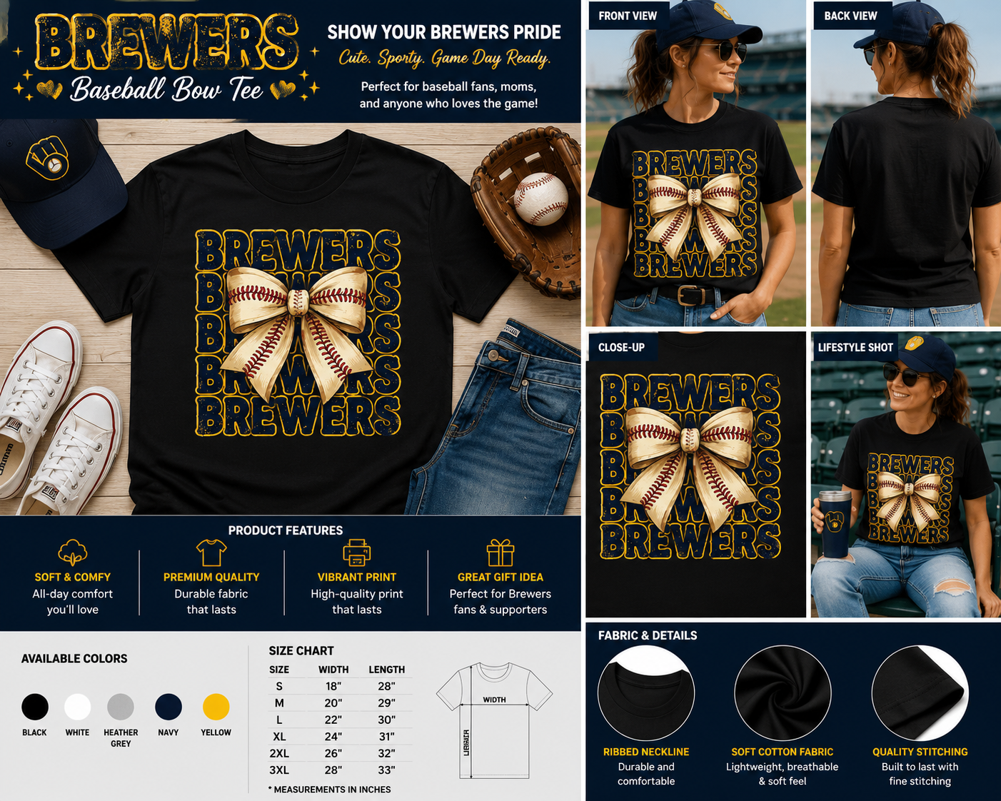 Vintage Brewers Baseball Bow Graphic T-Shirt for Game Day Fans