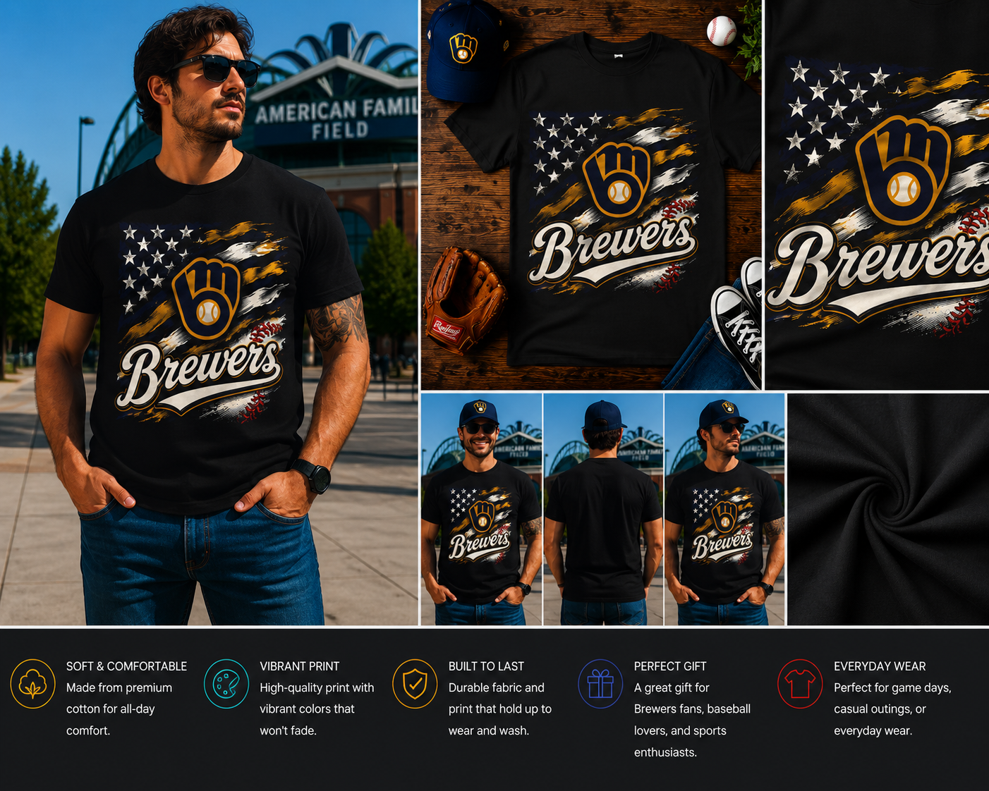Vintage Milwaukee Brewers American Flag Baseball T-Shirt – Retro Brewers Fan Graphic Tee for Men, Women & Kids