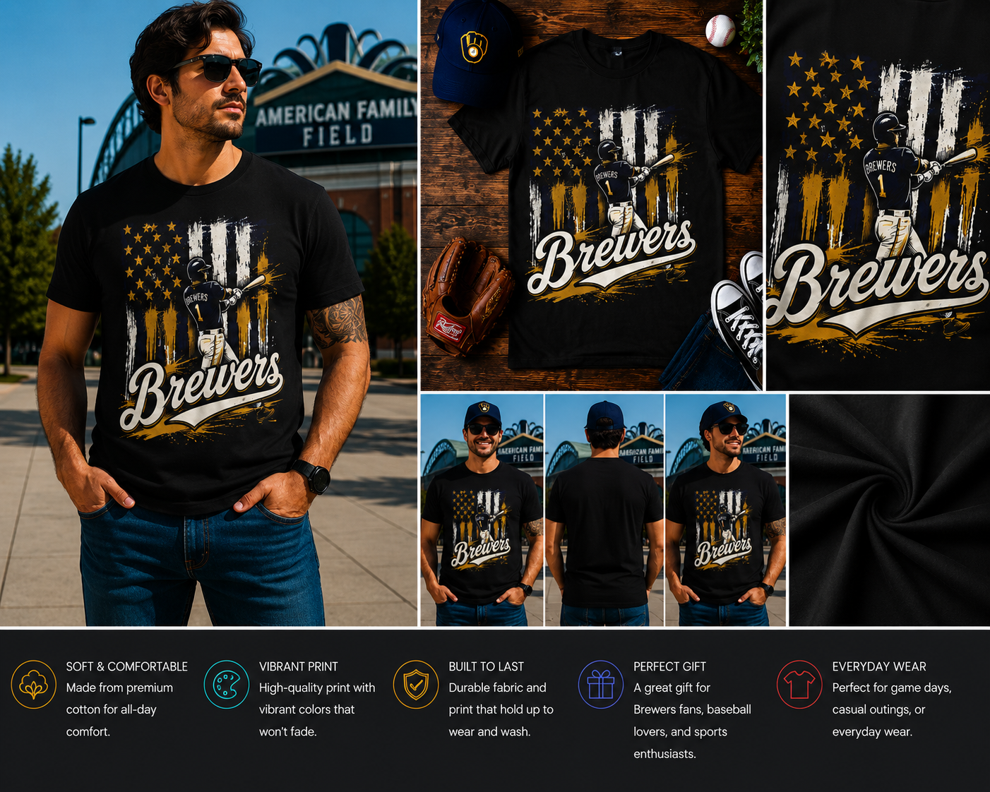 Vintage Milwaukee Brewers Baseball Player American Flag T-Shirt – Retro Brewers Fan Graphic Tee for Men, Women & Kids
