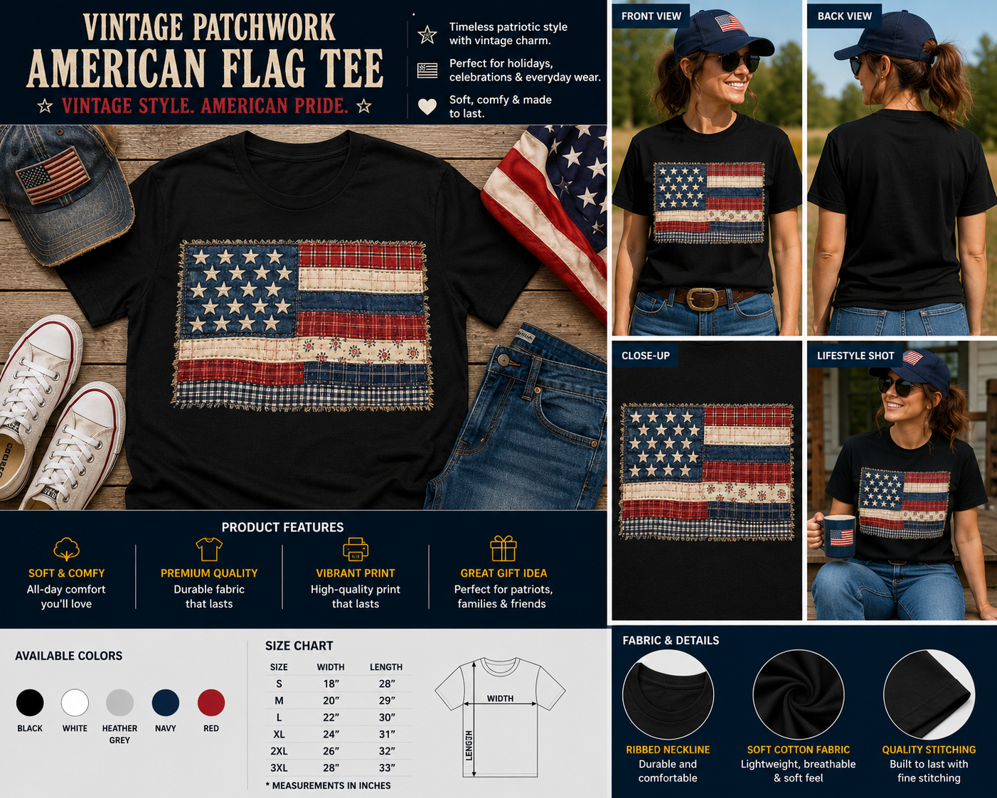 Vintage Faux Patchwork American Flag Patriotic 4th of July Graphic T-Shirt