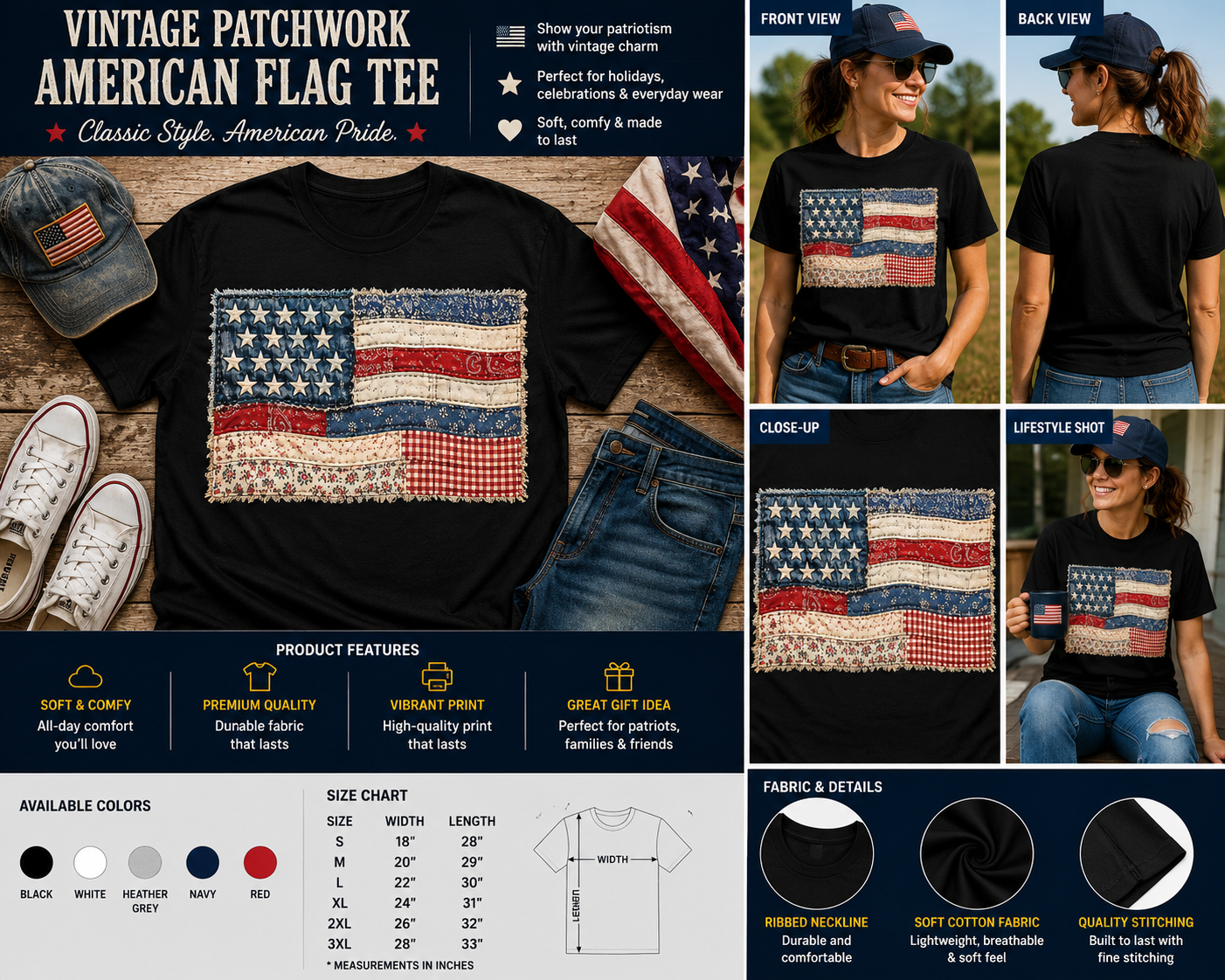 Vintage Patchwork American Flag Patriotic Graphic T-Shirt