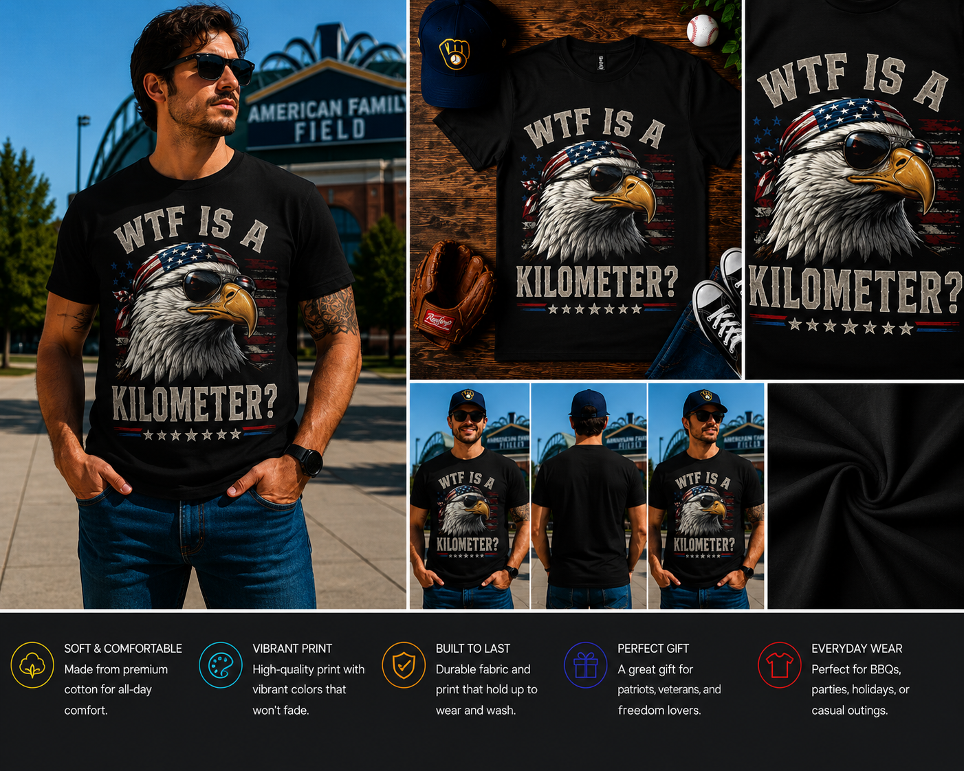 WTF Is A Kilometer? Funny Patriotic Eagle T-Shirt – American Freedom Humor Graphic Tee for Men & Women