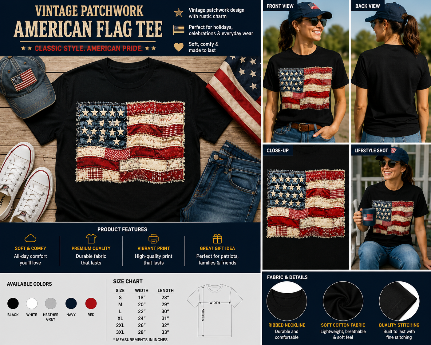Vintage Distressed Patchwork American Flag Patriotic Graphic T-Shirt