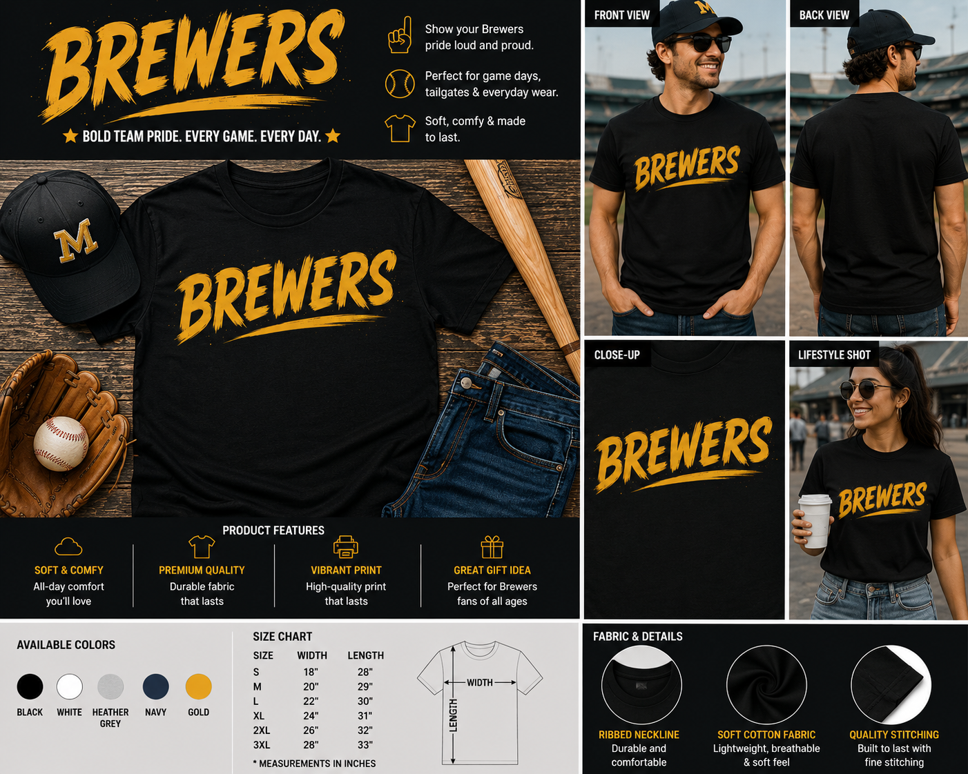 Brewers Brush Stroke Baseball Fan Graphic T-Shirt for Men Women & Kids