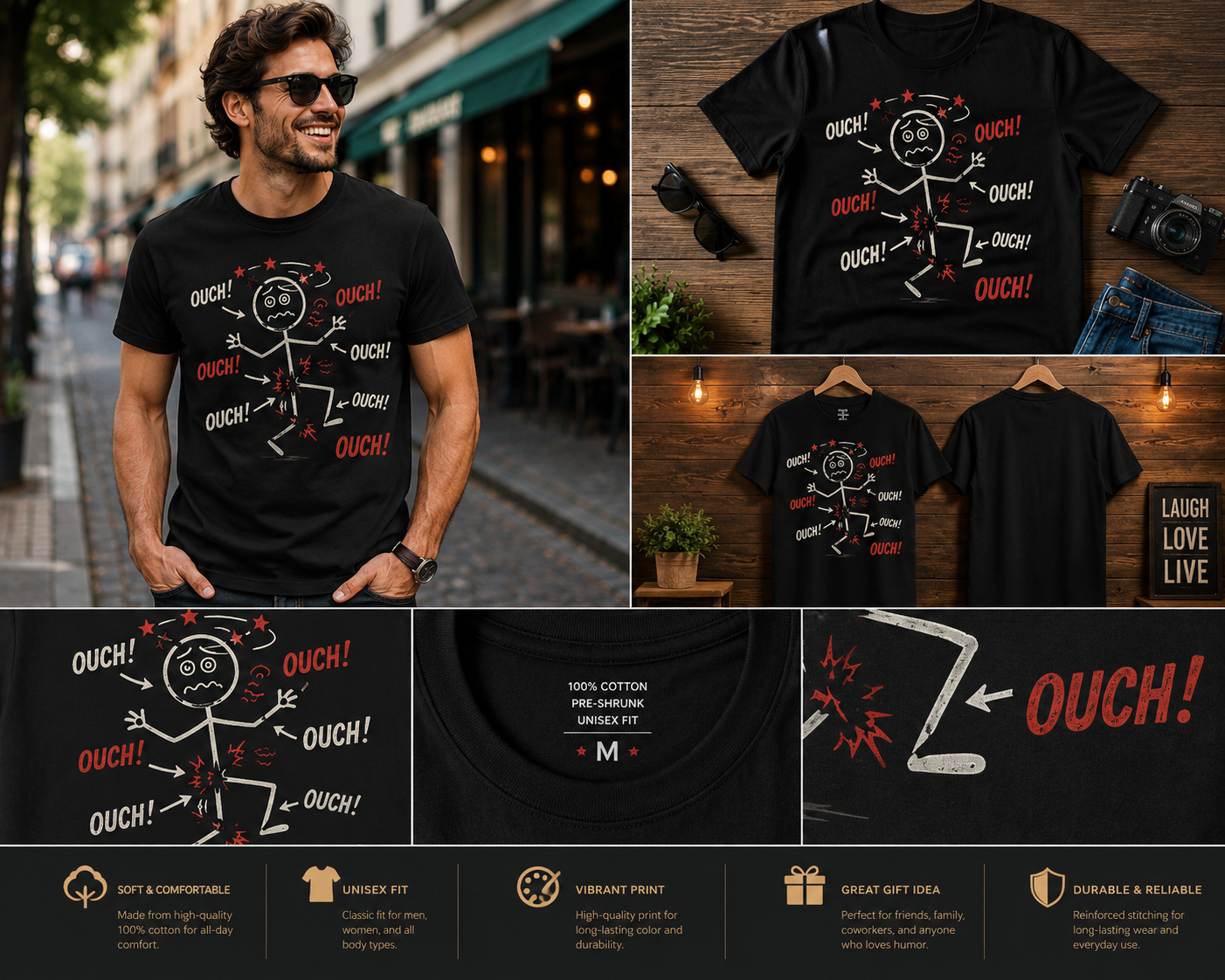 Funny Ouch Stickman Pain T-Shirt – Hilarious Full Body Ouch Graphic Humor Tee for Men & Women