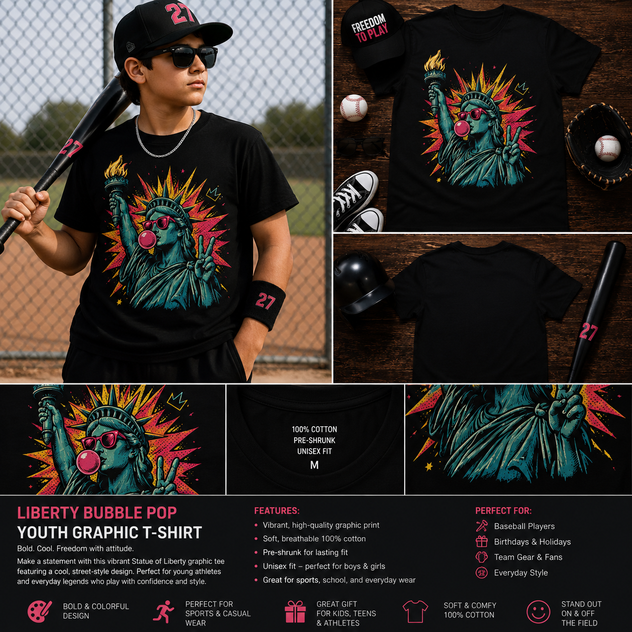 Liberty Bubble Pop Graphic T-Shirt – Statue of Liberty Bubble Gum Retro Streetwear Tee for Kids & Teens