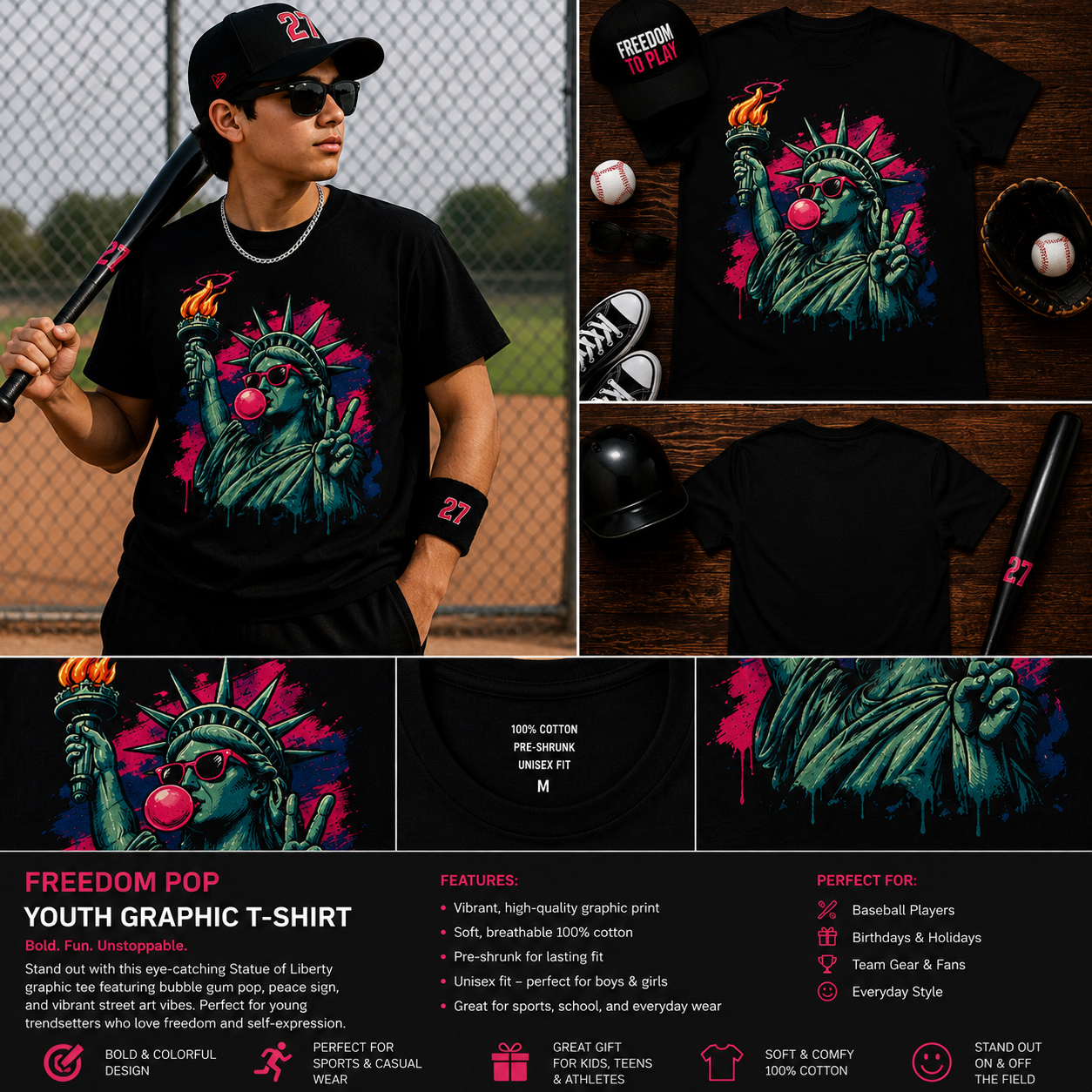 Freedom Pop Street Art T-Shirt – Statue of Liberty Bubble Gum Graphic Tee for Kids & Teens