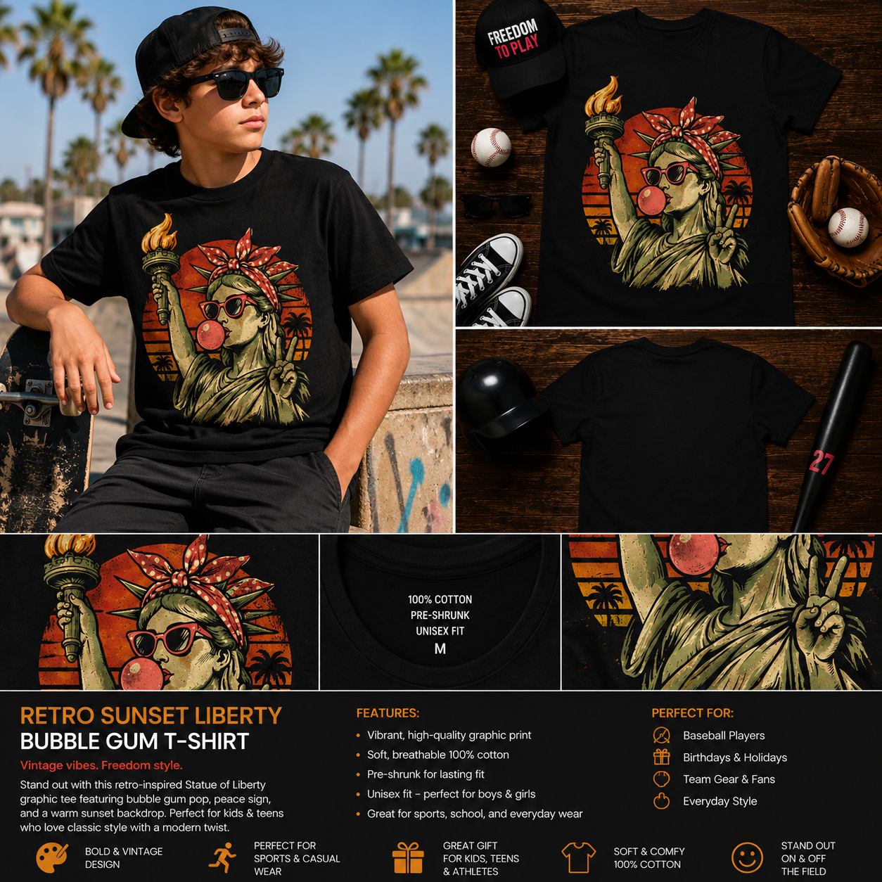 Retro Sunset Liberty Bubble Gum T-Shirt – Vintage Statue of Liberty Graphic Tee for Kids & Teens