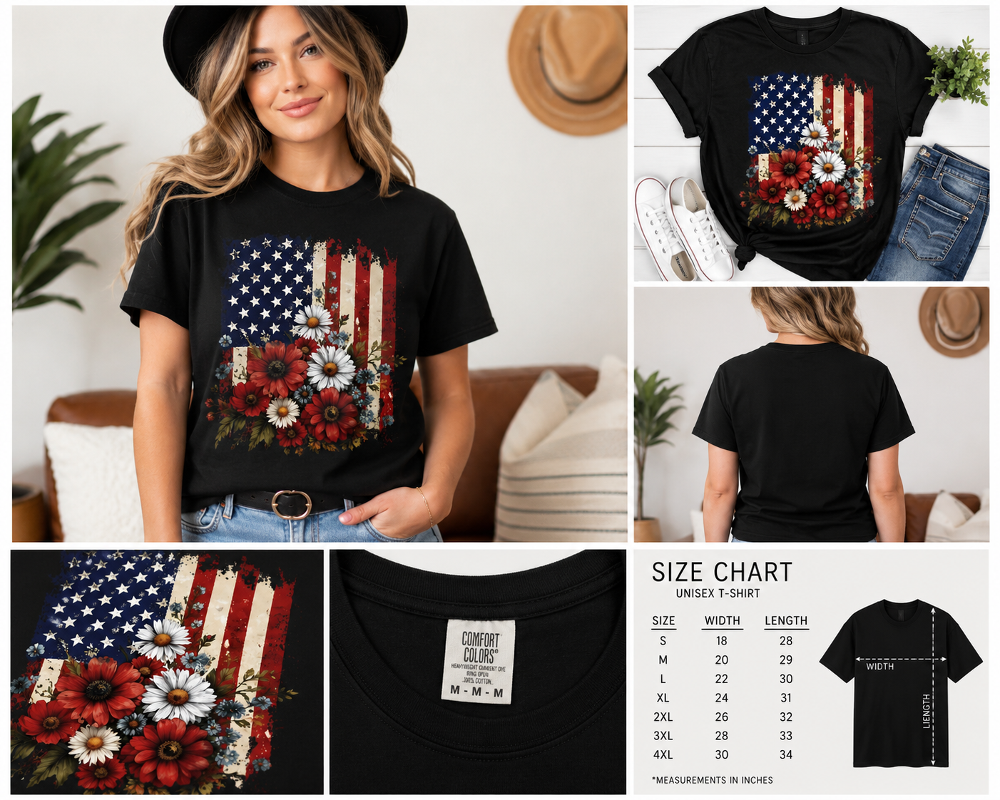 Floral American Flag Shirt, Patriotic Flower USA Tee, Vintage 4th of July T-Shirt, Red White Blue Independence Day Shirt