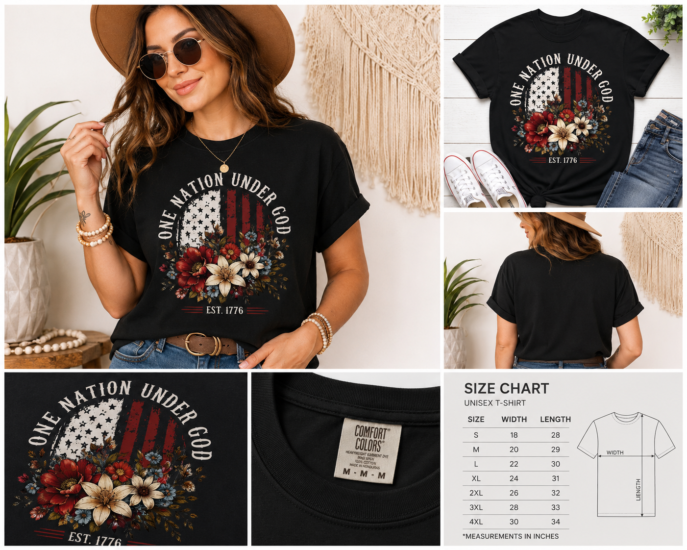 One Nation Under God Shirt, Patriotic Floral American Flag Tee, Christian USA Shirt, Vintage Independence Day T-Shirt