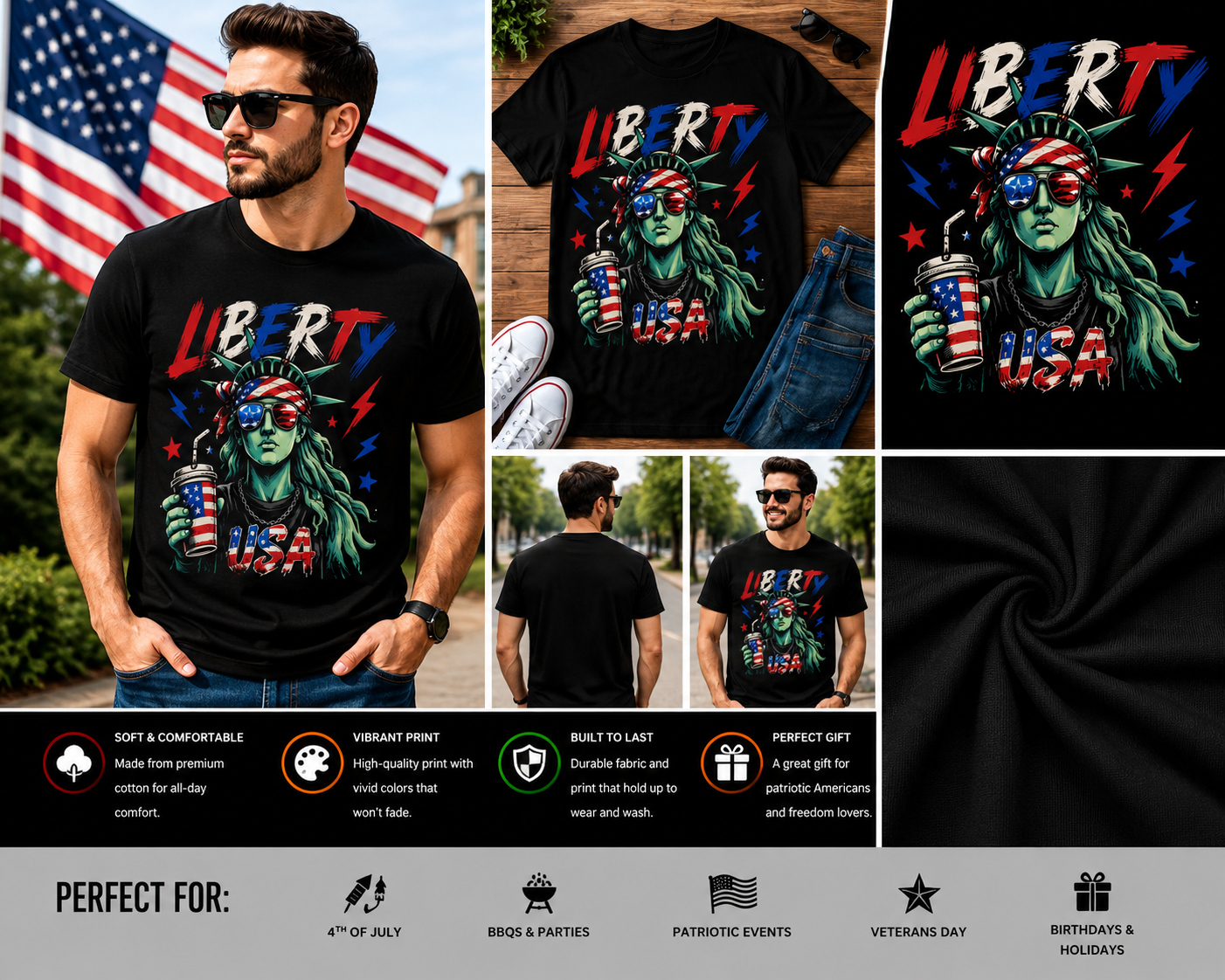 Liberty USA Patriotic Sunglasses T-Shirt – Statue of Liberty 4th of July Graphic Tee for Women & Men