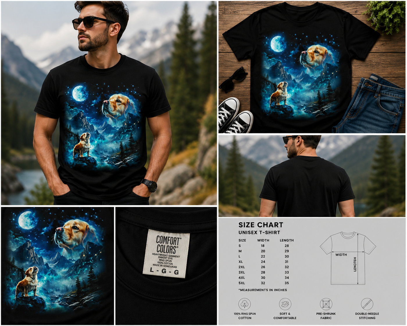 Moonlit Golden Retriever Fantasy Dog Lover Graphic T-Shirt