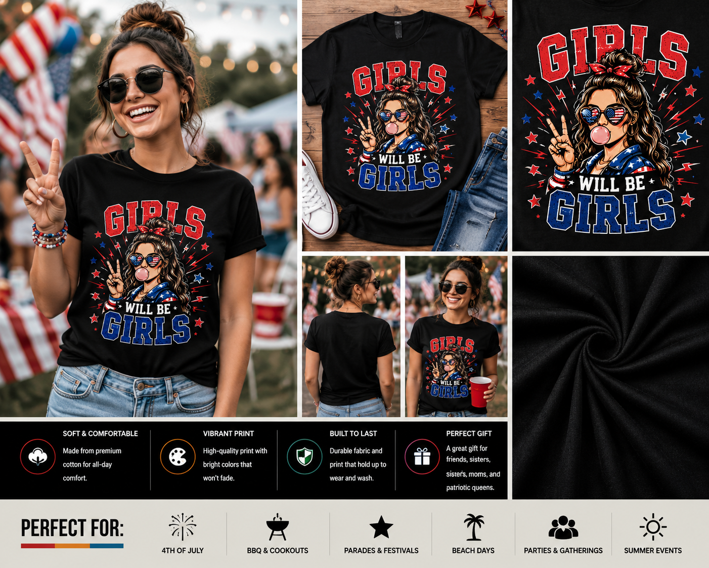 Girls Will Be Girls Patriotic 4th of July T-Shirt | Funny Feminist Independence Day Graphic Tee for Women