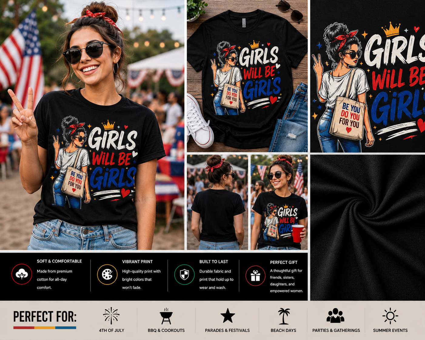 Girls Will Be Girls Patriotic T-Shirt | Feminist Independence Day Graphic Tee for Women | 4th of July USA Pride Shirt