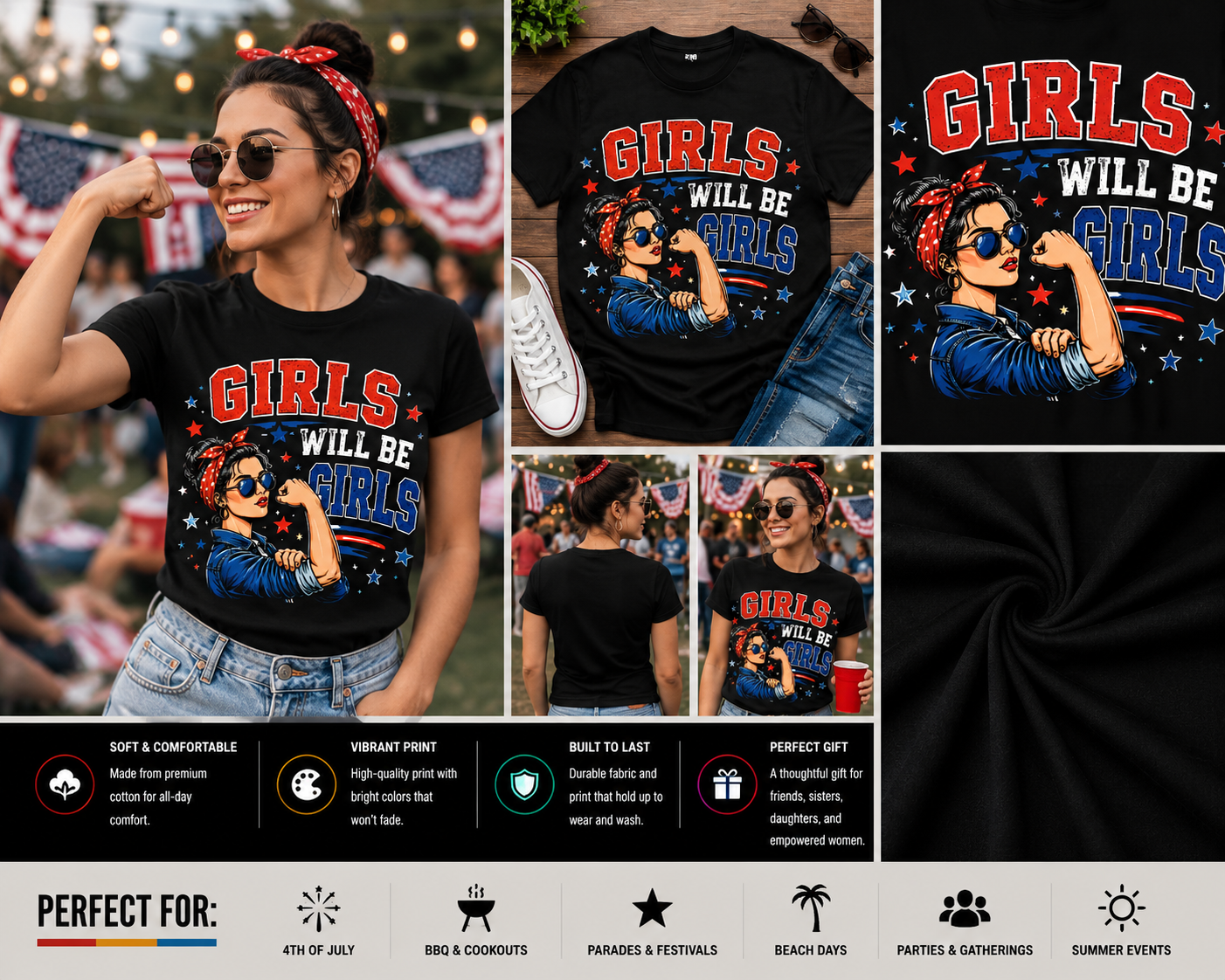 Girls Will Be Girls Patriotic Feminist T-Shirt | Empowering 4th of July Graphic Tee for Women | USA Independence Day Shirt