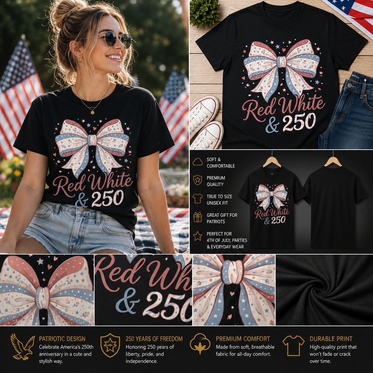 Red White & 250 Patriotic Bow Shirt – Cute 4th of July 250th Anniversary USA T-Shirt
